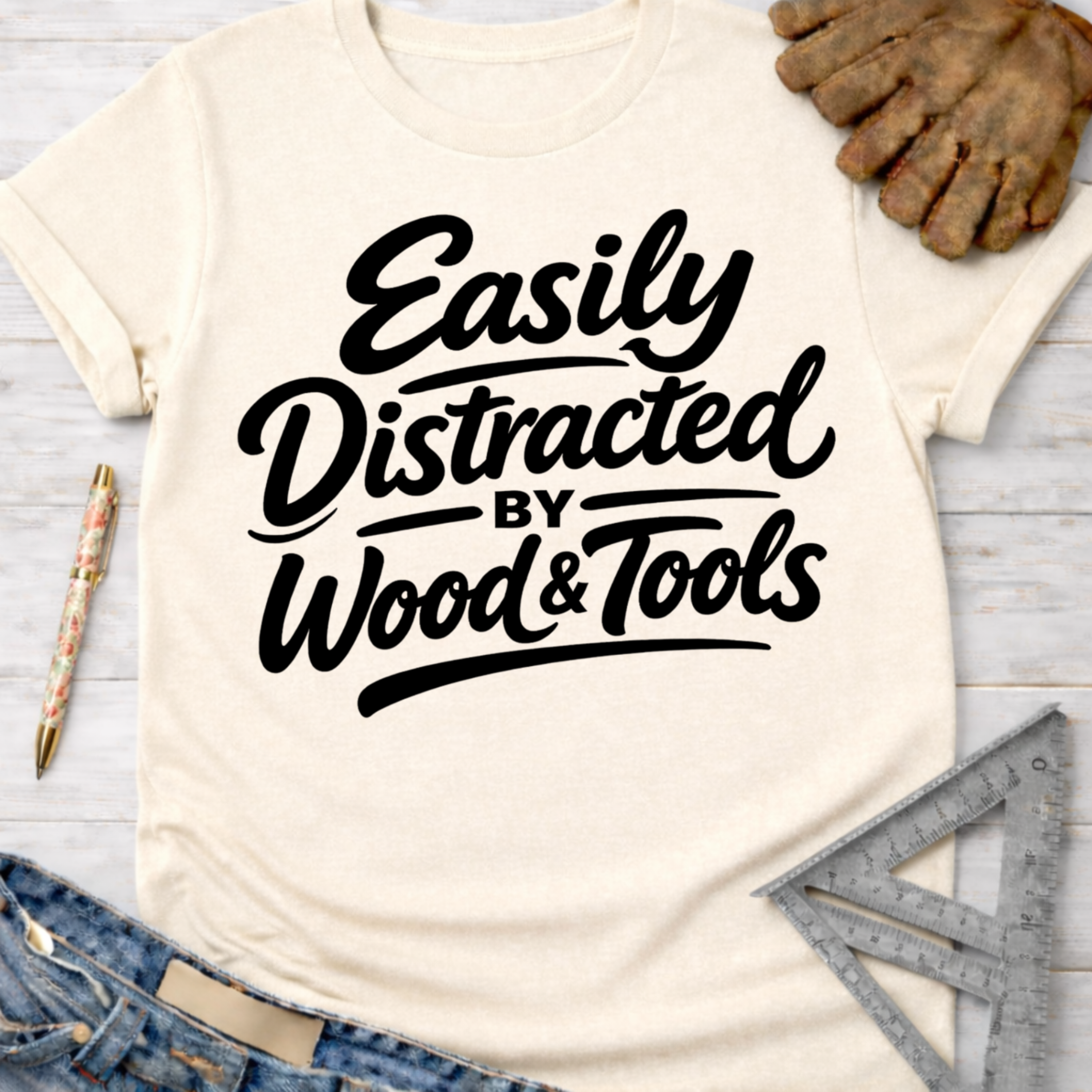 Women's funny woodworking graphic tee shirt for female woodworkers, makers, and DIY builders — Sawdust & Ponytails. Cream short-sleeve tee with "Easily Distracted by Wood & Tools" in black script.