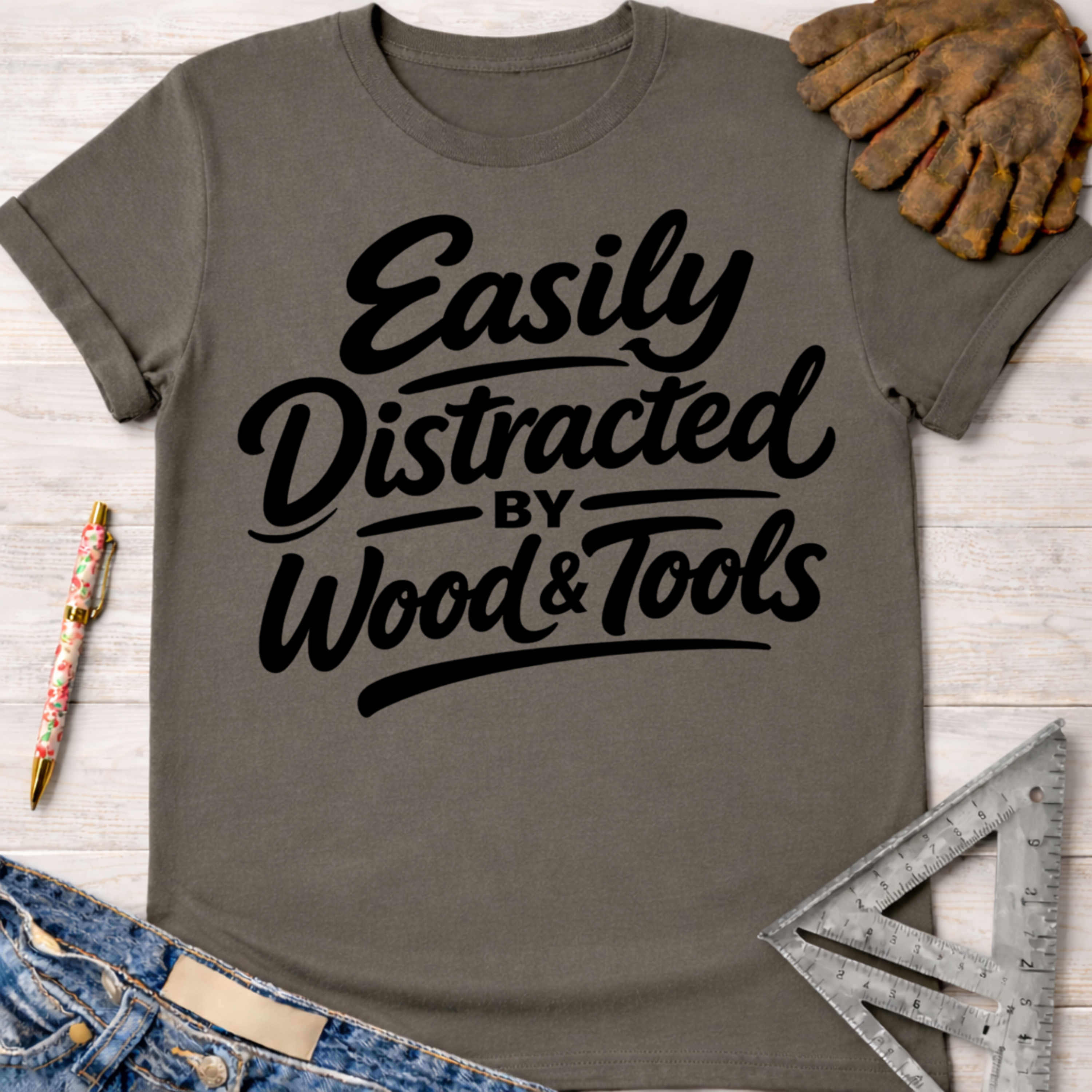 Women's funny woodworking graphic tee shirt for female woodworkers, makers, and DIY builders — Sawdust & Ponytails. Dark gray cotton tee with "Easily Distracted by Wood & Tools" in black script.