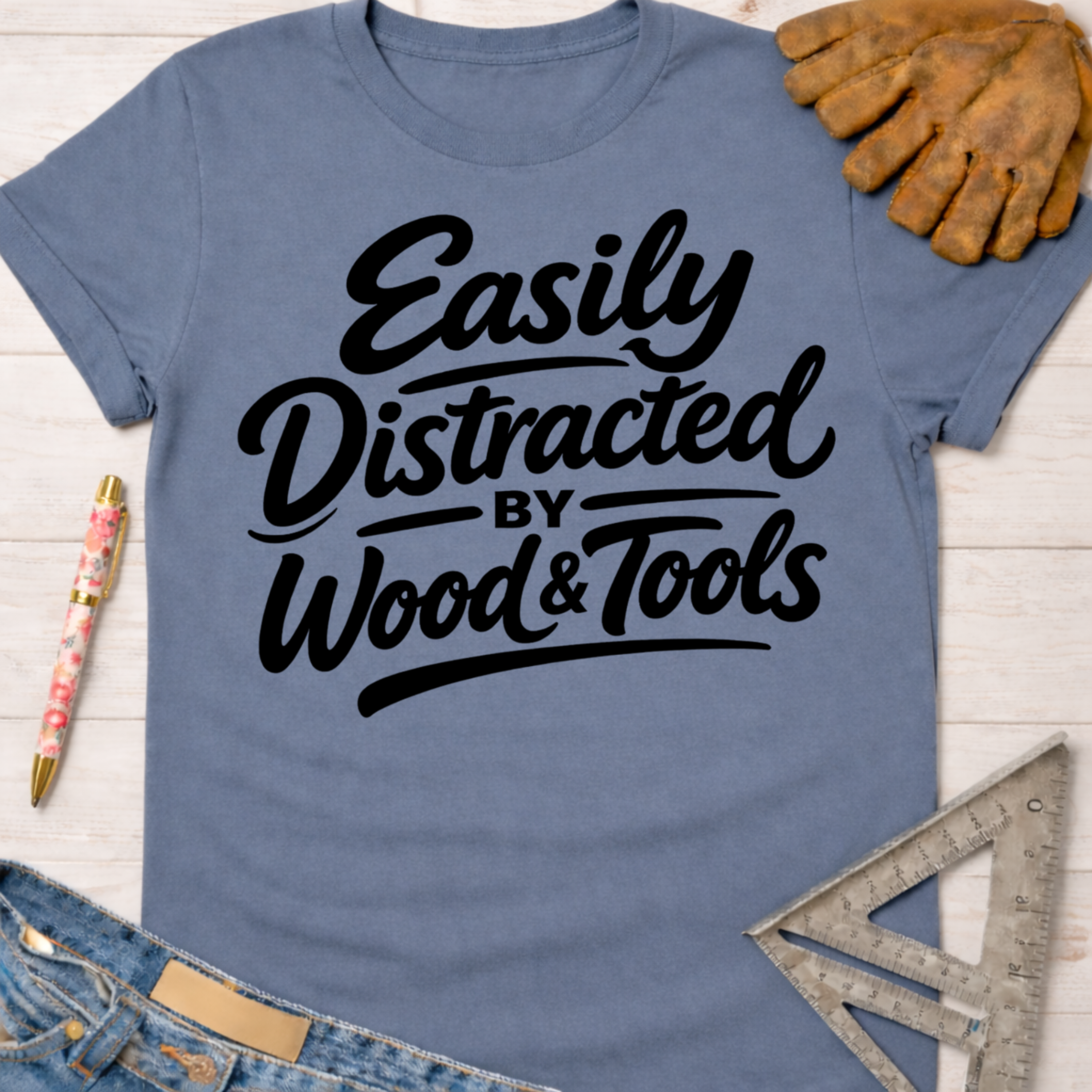 Women's funny woodworking graphic tee shirt for female woodworkers, makers, and DIY builders — Sawdust & Ponytails. Blue cotton tee with "Easily Distracted by Wood & Tools" in black script.