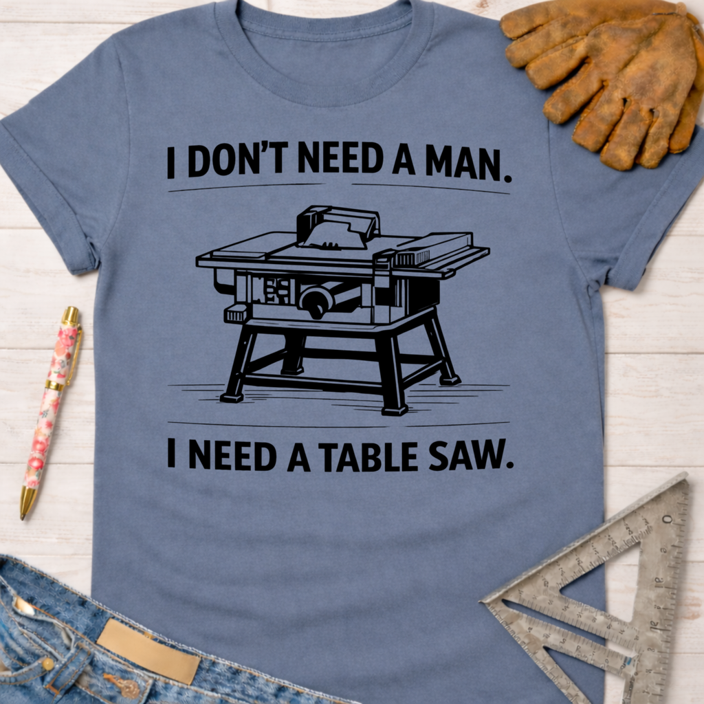 Women's funny woodworking graphic tee shirt for female woodworkers, makers, and DIY builders — Sawdust & Ponytails. Blue cotton t-shirt with "I DON'T NEED A MAN. I NEED A TABLE SAW." text and table saw graphic.