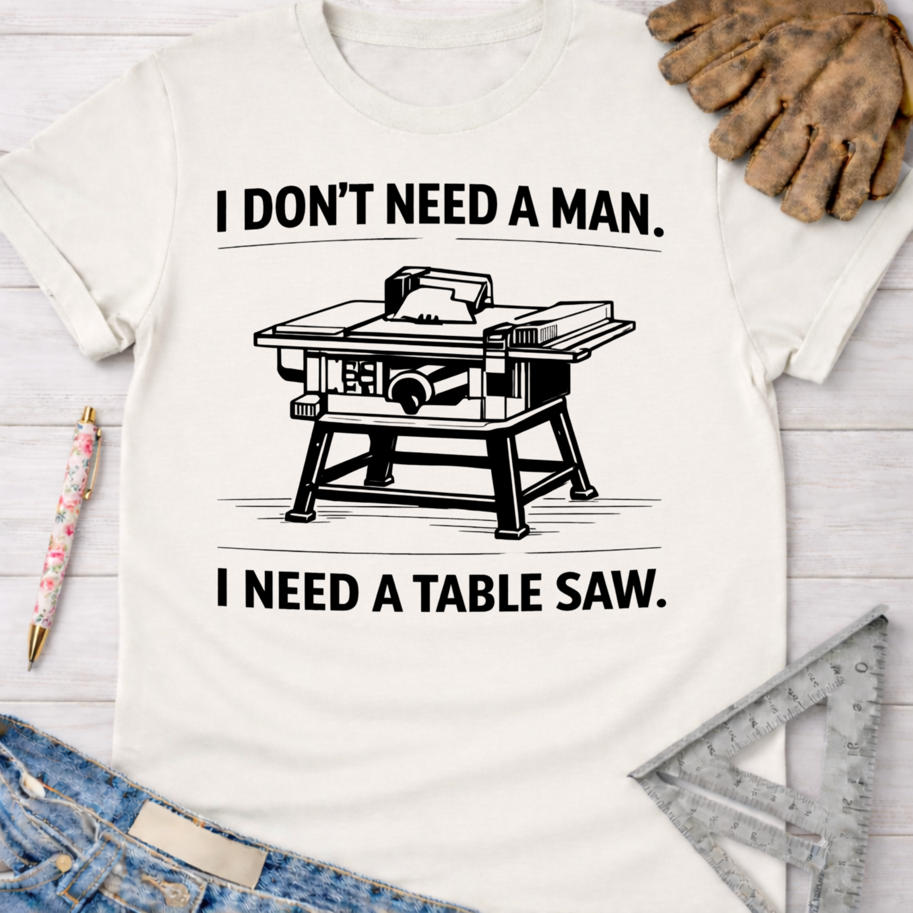 Women's funny woodworking graphic tee shirt for female woodworkers, makers, and DIY builders — Sawdust & Ponytails. Cream t-shirt with "I DON'T NEED A MAN. I NEED A TABLE SAW." text and a table saw graphic.