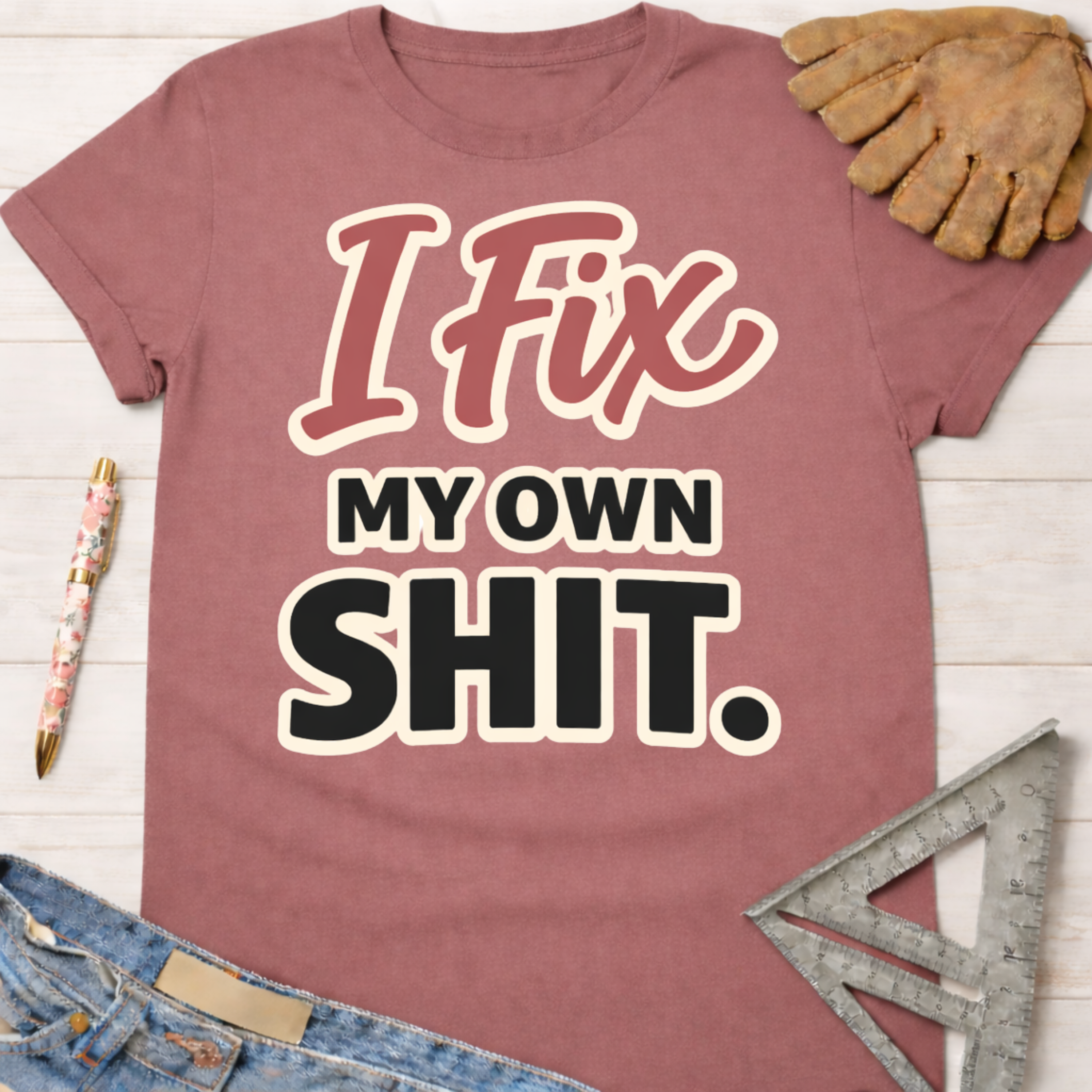 Women's funny woodworking graphic tee shirt for female woodworkers, makers, and DIY builders — Sawdust & Ponytails.