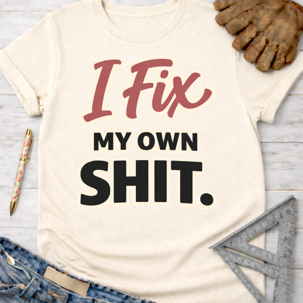 Women's funny woodworking graphic tee shirt for female woodworkers, makers, and DIY builders — Sawdust & Ponytails. Cream t-shirt with "I Fix My Own Shit" text.