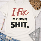 Women's funny woodworking graphic tee shirt for female woodworkers, makers, and DIY builders — Sawdust & Ponytails.