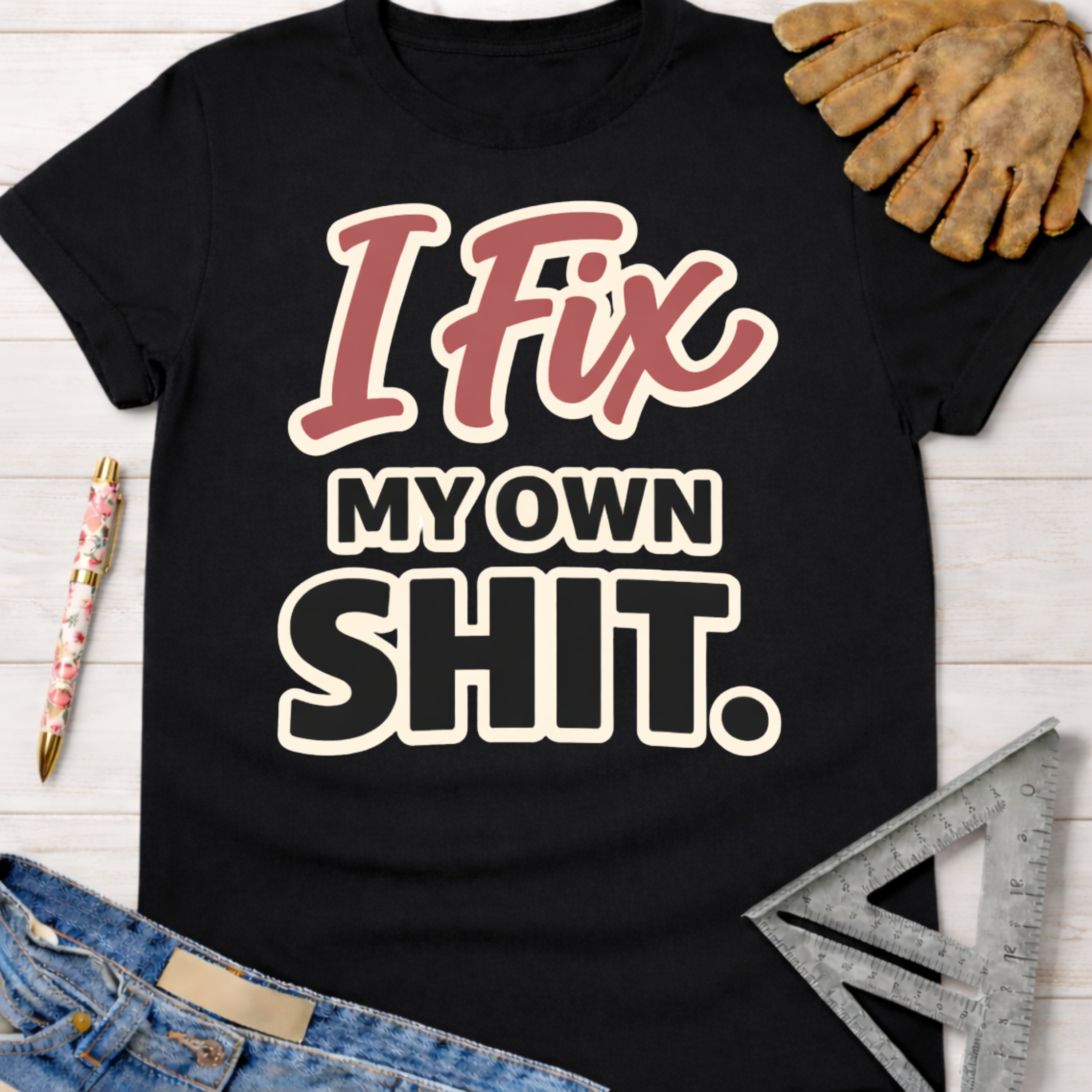 Black cotton "I Fix My Own Shit" graphic tee, women's funny woodworking shirt for DIY builders — Sawdust & Ponytails.