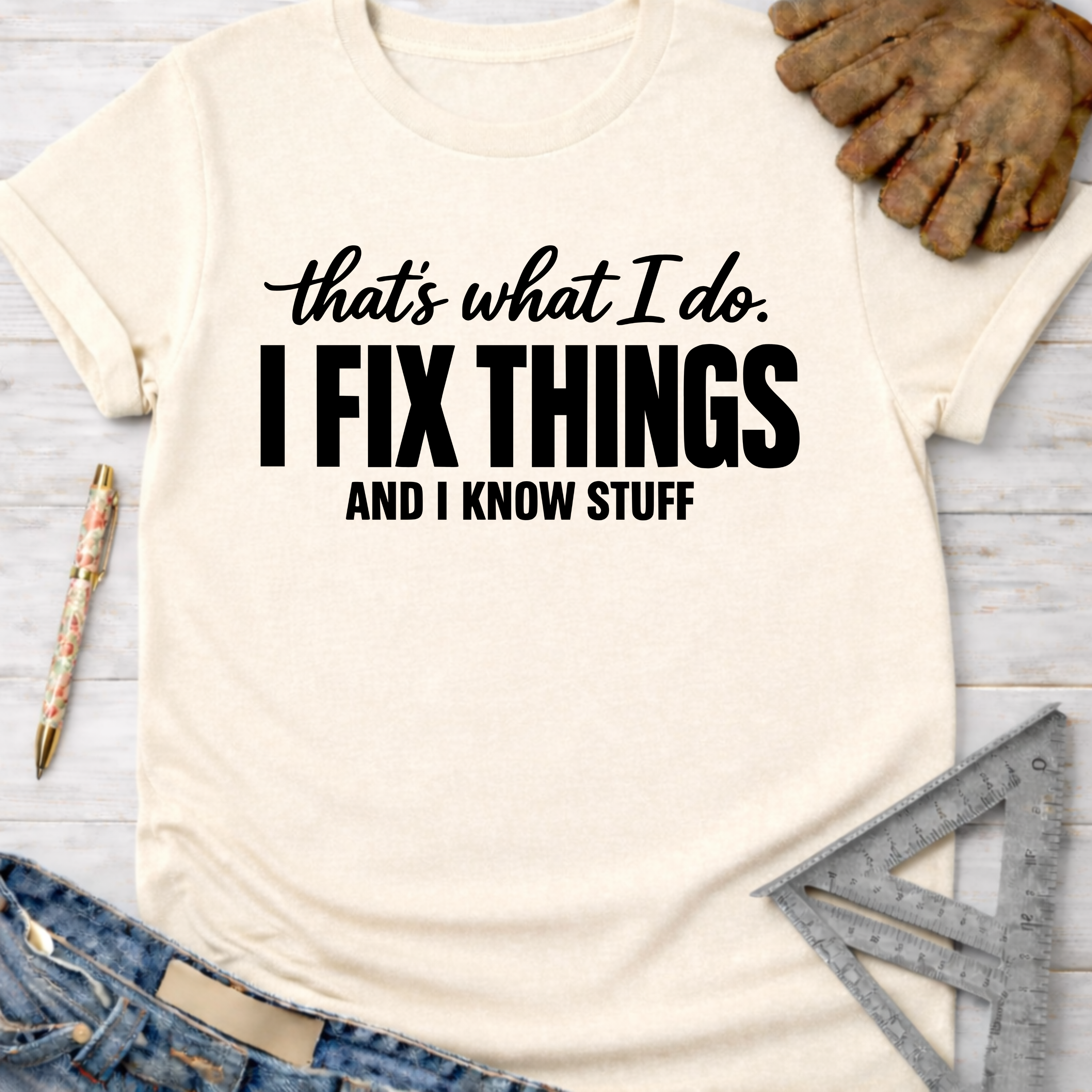 Women's funny woodworking graphic tee shirt for female woodworkers, makers, and DIY builders — Sawdust & Ponytails. Cream t-shirt with "I Fix Things And I Know Stuff" text.