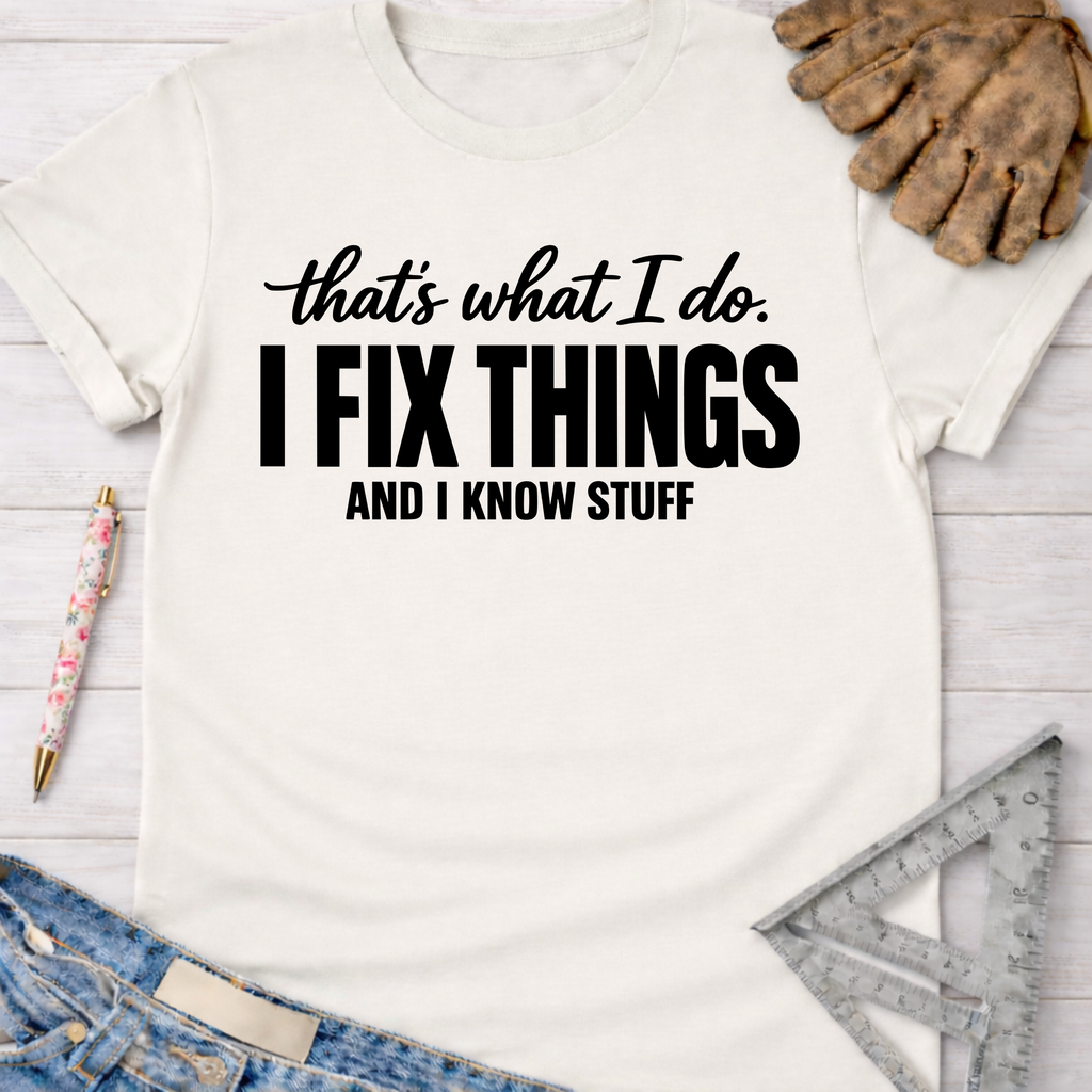 Women's funny woodworking graphic tee shirt for female woodworkers, makers, and DIY builders — Sawdust & Ponytails. Cream cotton tee with "I FIX THINGS AND I KNOW STUFF" text.