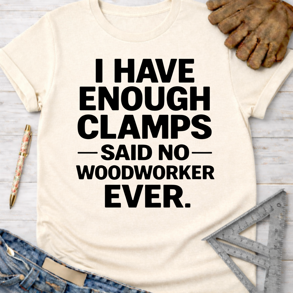Women's funny woodworking graphic tee shirt for female woodworkers, makers, and DIY builders — Sawdust & Ponytails. Cream cotton tee with "I HAVE ENOUGH CLAMPS — SAID NO — WOODWORKER EVER." in black text.