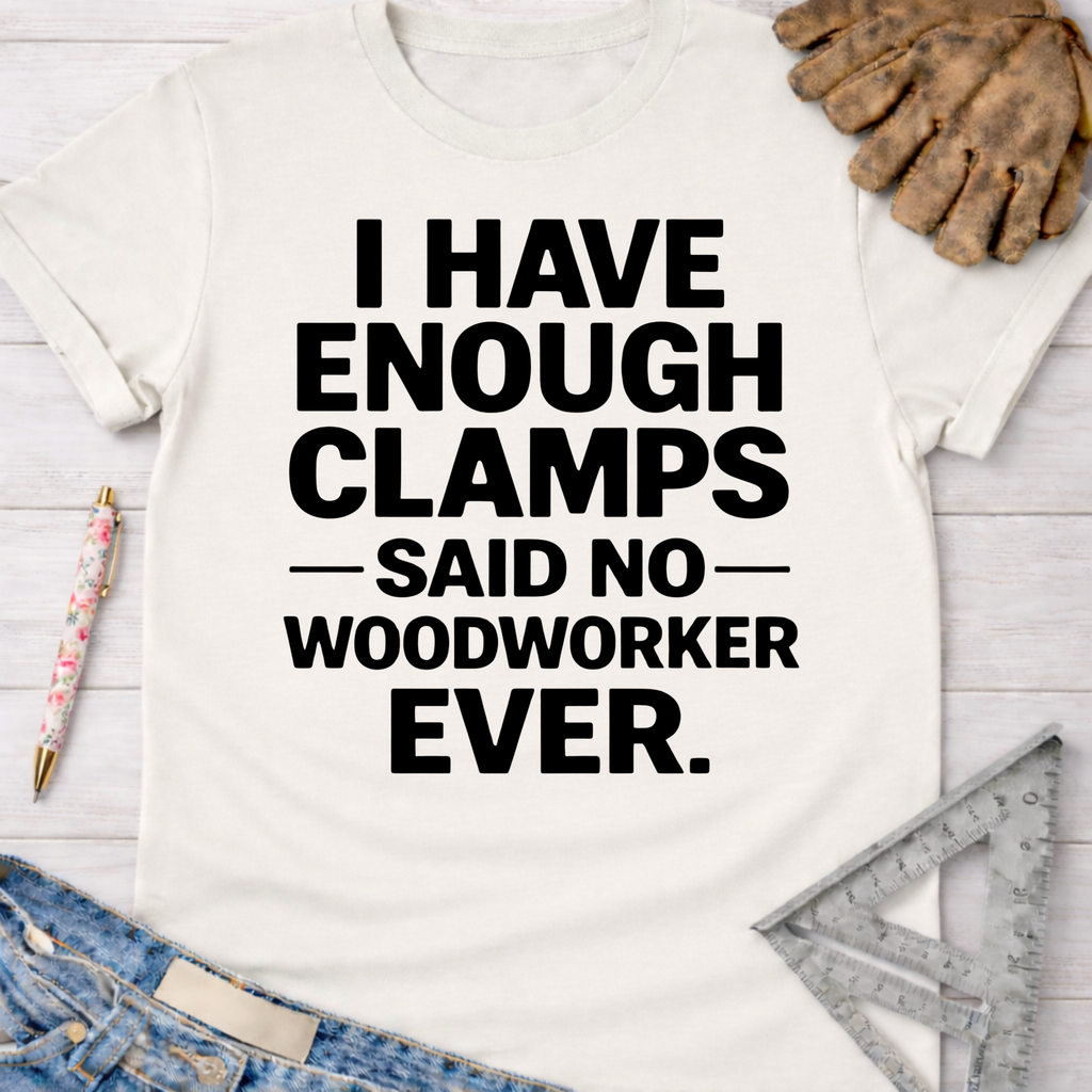 Women's funny woodworking graphic tee shirt for female woodworkers, makers, and DIY builders — Sawdust & Ponytails. White cotton tee with "I HAVE ENOUGH CLAMPS — SAID NO — WOODWORKER EVER." in black text.