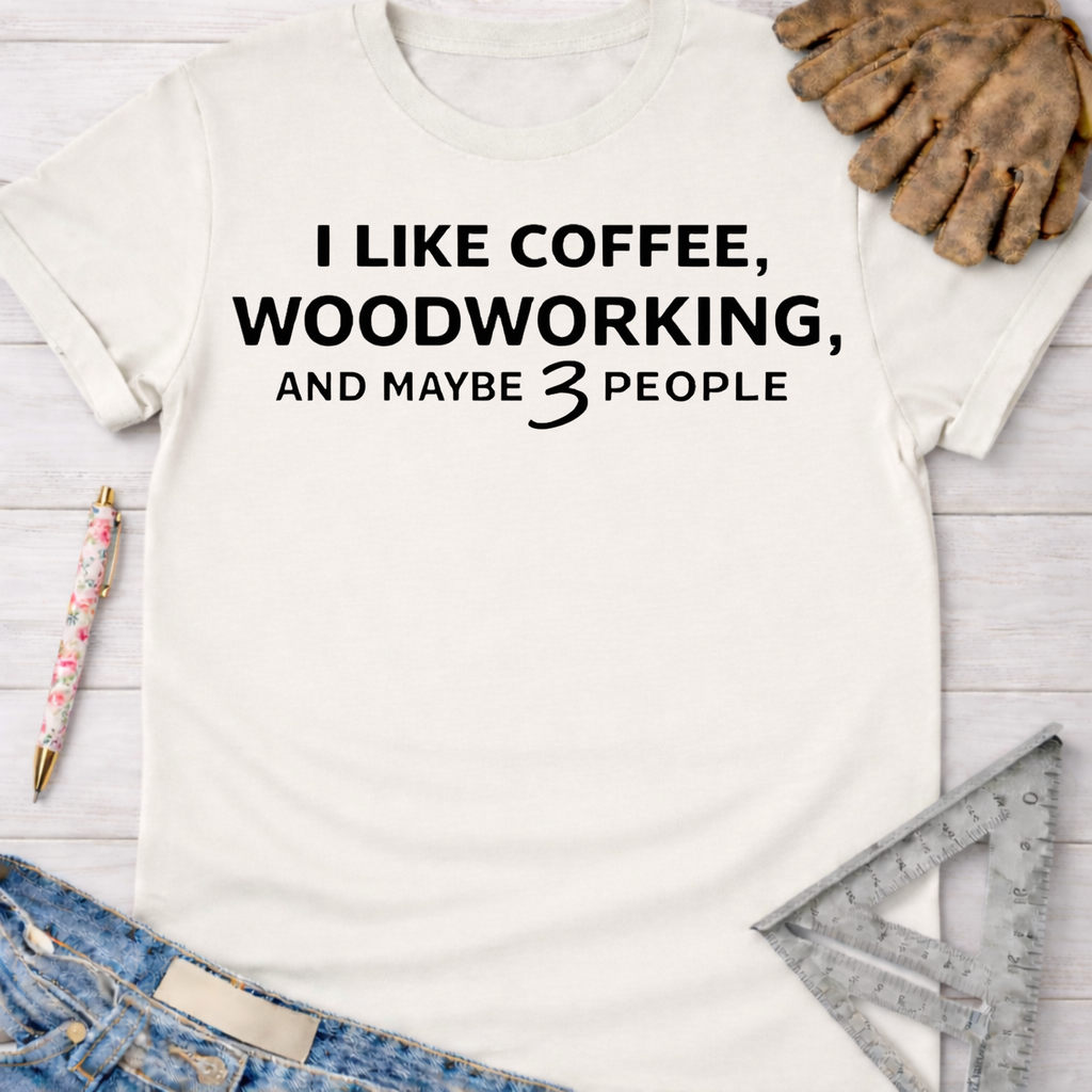 Women's funny woodworking graphic tee shirt for female woodworkers, makers, and DIY builders — Sawdust & Ponytails. White cotton t-shirt with "I LIKE COFFEE, WOODWORKING, AND MAYBE 3 PEOPLE" in black text, styled with jeans, pen, and work glove.