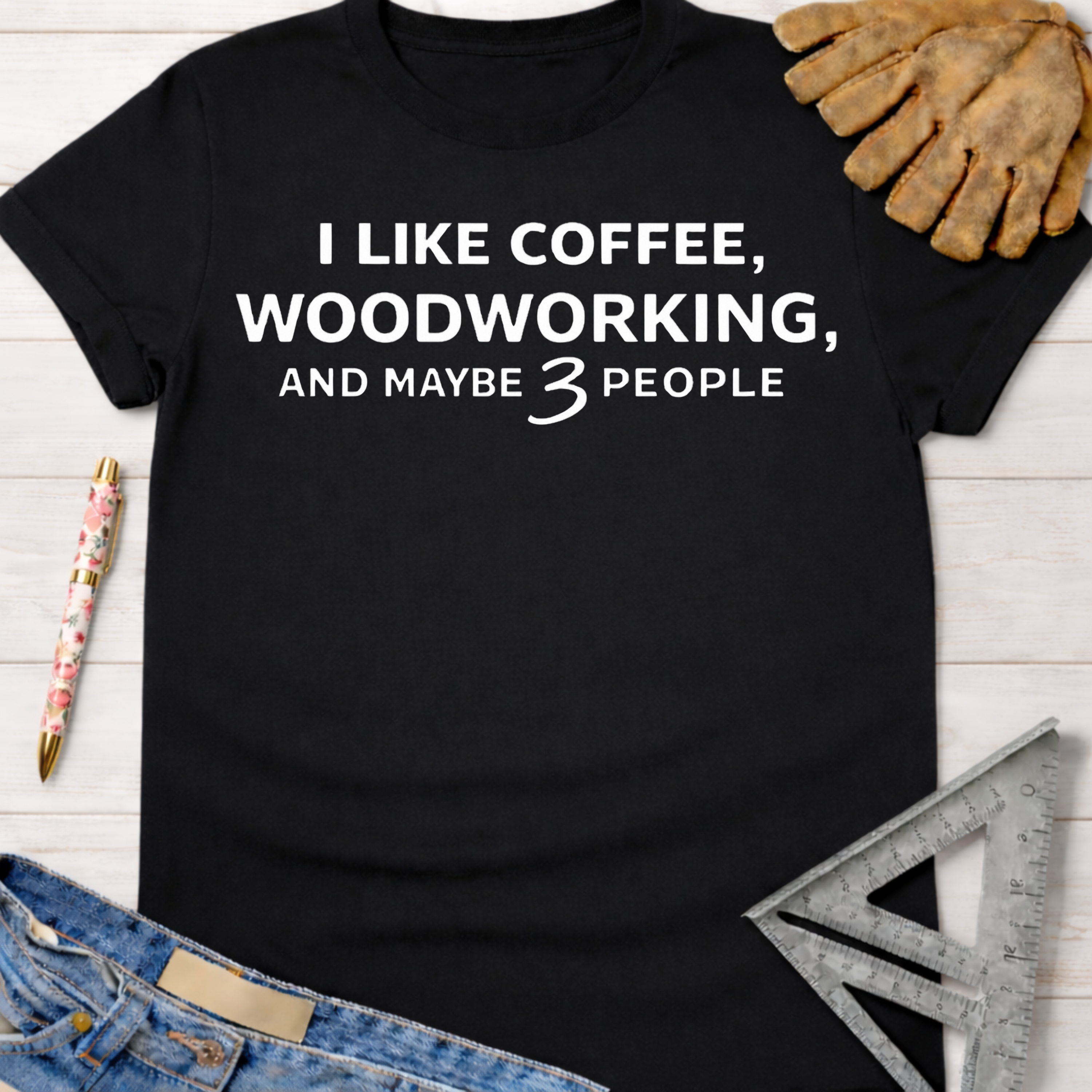 Women's funny woodworking graphic tee shirt for female woodworkers, makers, and DIY builders — Sawdust & Ponytails. Black cotton t-shirt with "I LIKE COFFEE, WOODWORKING, AND MAYBE 3 PEOPLE" in white text.