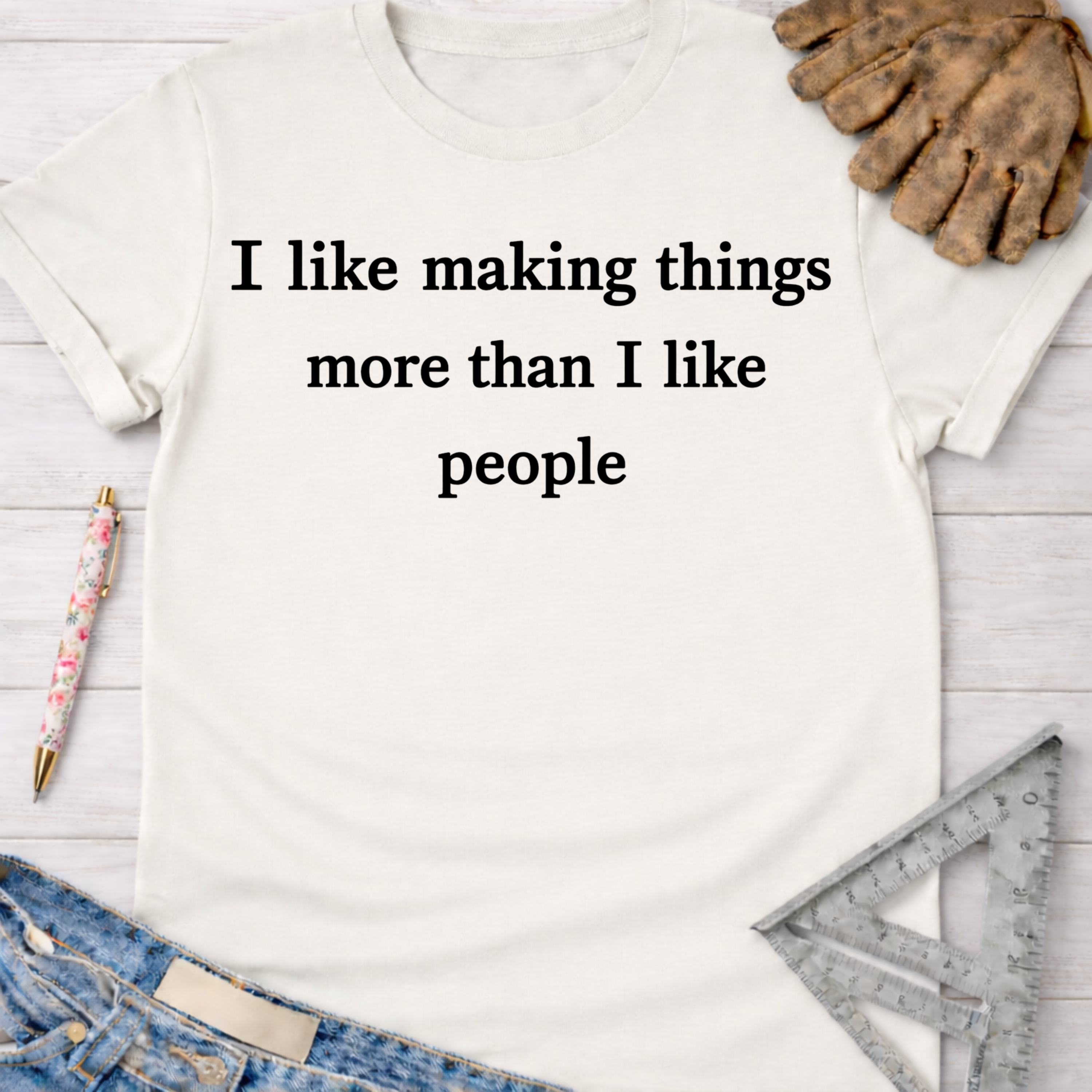 Women's funny woodworking graphic tee shirt for female woodworkers, makers, and DIY builders — Sawdust & Ponytails.
