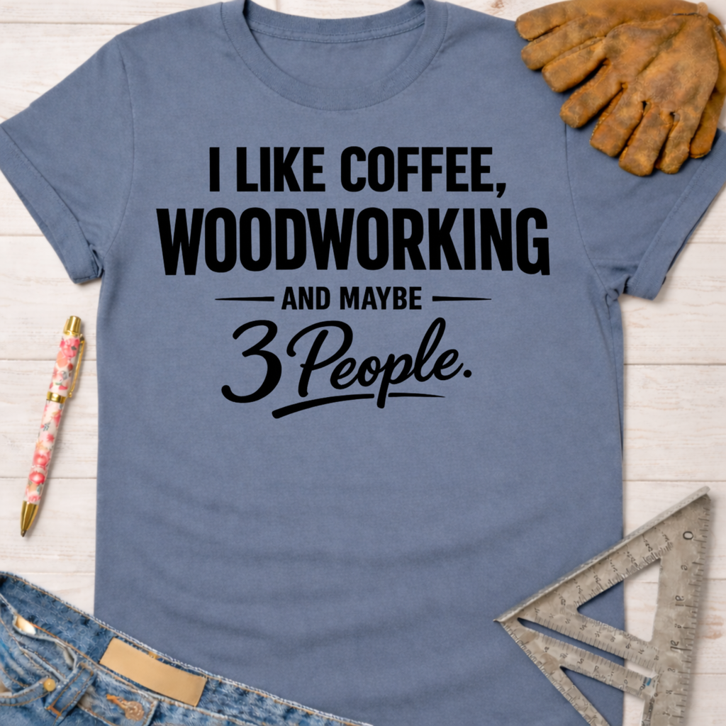 Women's funny woodworking graphic tee shirt for female woodworkers, makers, and DIY builders — Sawdust & Ponytails. Blue cotton tee with "I LIKE COFFEE, WOODWORKING AND MAYBE 3 PEOPLE" in black text.