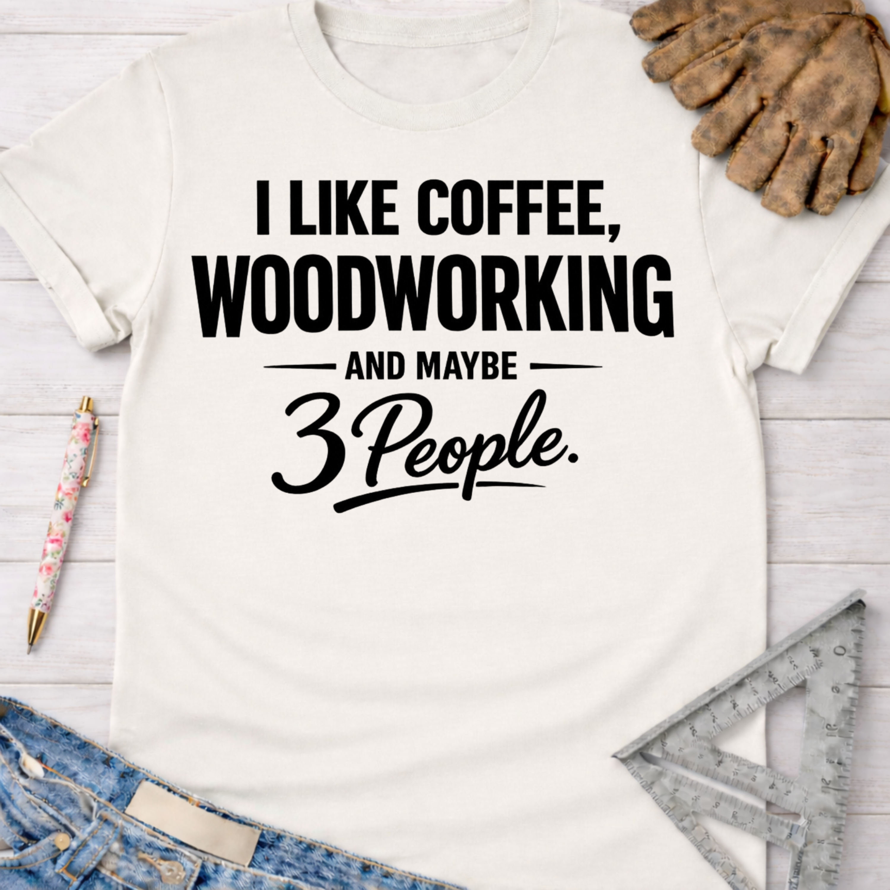 Women's funny woodworking graphic tee shirt for female woodworkers, makers, and DIY builders — Sawdust & Ponytails. White cotton tee with "I LIKE COFFEE, WOODWORKING AND MAYBE 3 People" in black text.