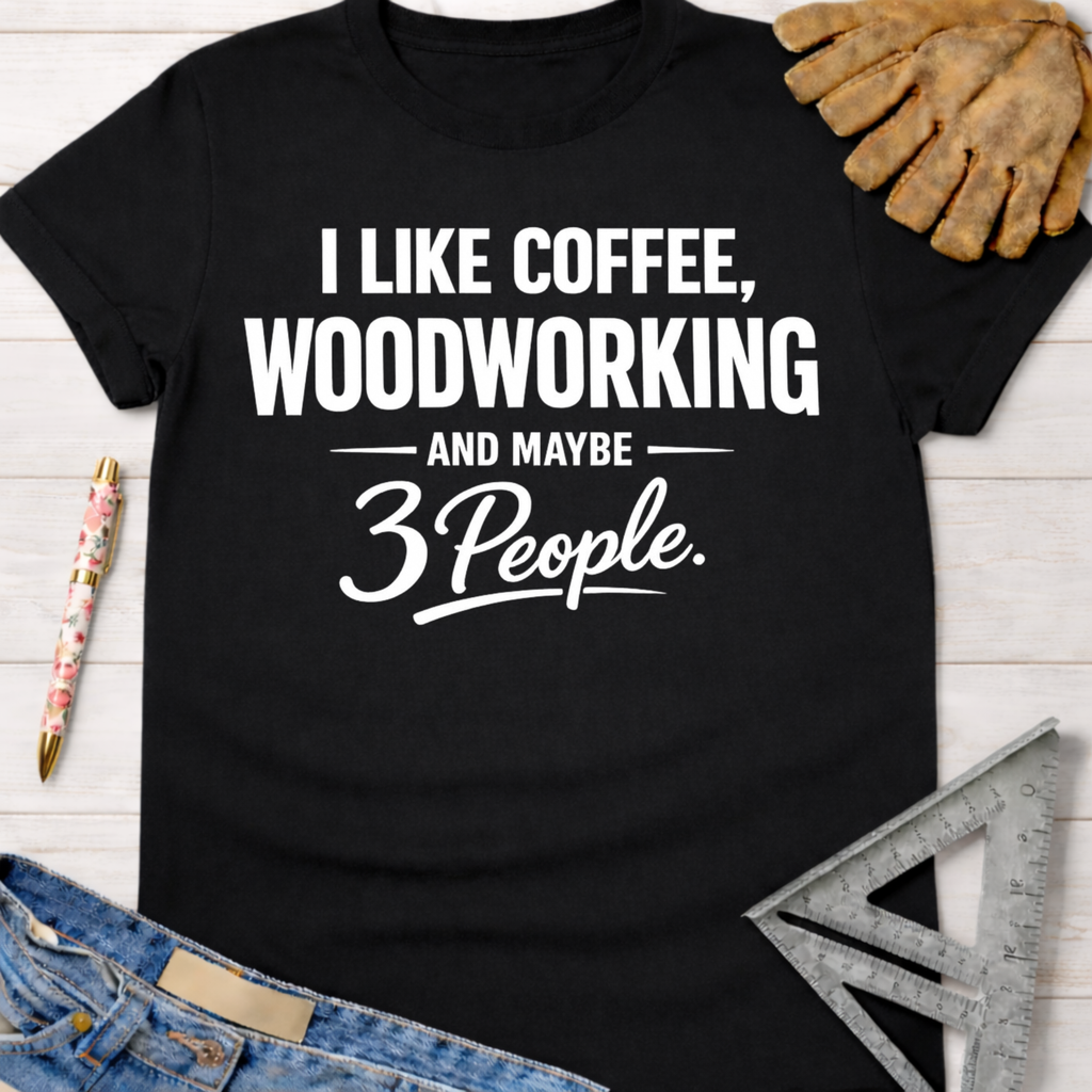 Women's funny woodworking graphic tee shirt for female woodworkers, makers, and DIY builders — Sawdust & Ponytails. Black cotton tee with "I Like Coffee, Woodworking And Maybe 3 People" in white text.