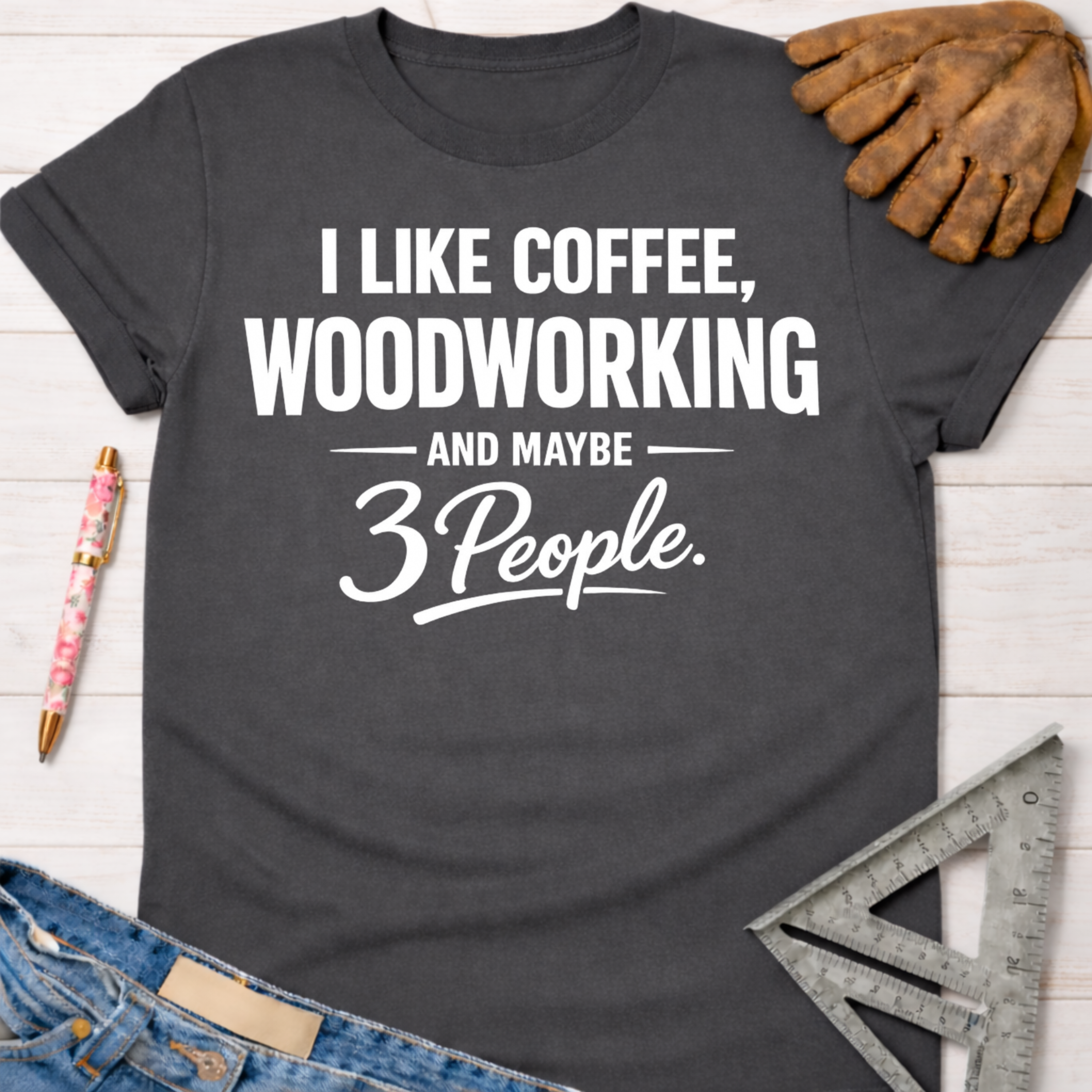 Women's funny woodworking graphic tee shirt for female woodworkers, makers, and DIY builders — Sawdust & Ponytails. Dark gray cotton tee with "I LIKE COFFEE, WOODWORKING AND MAYBE 3 People" in white text.