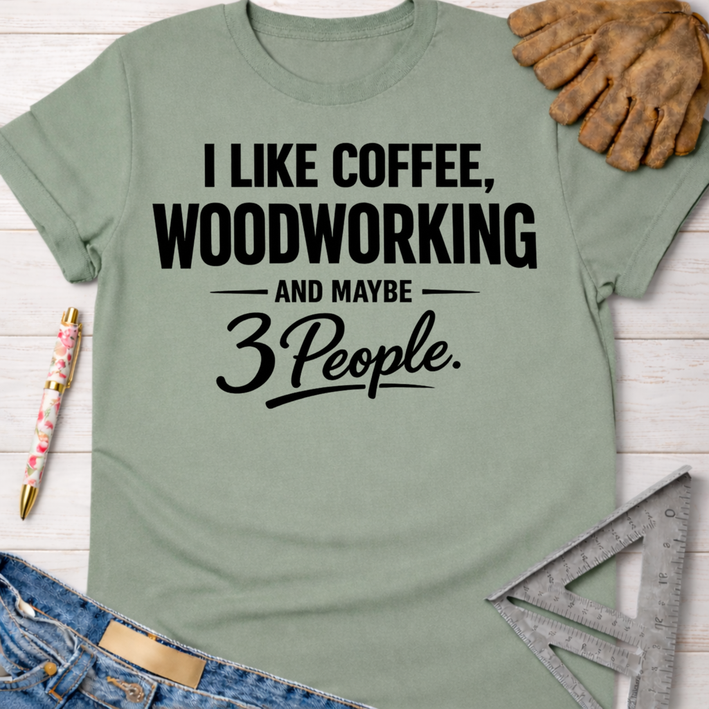 Women's funny woodworking graphic tee shirt for female woodworkers, makers, and DIY builders — Sawdust & Ponytails. Sage green cotton tee with "I LIKE COFFEE, WOODWORKING AND MAYBE 3 PEOPLE" in black text, styled with jeans, a pen, work glove, and ruler.