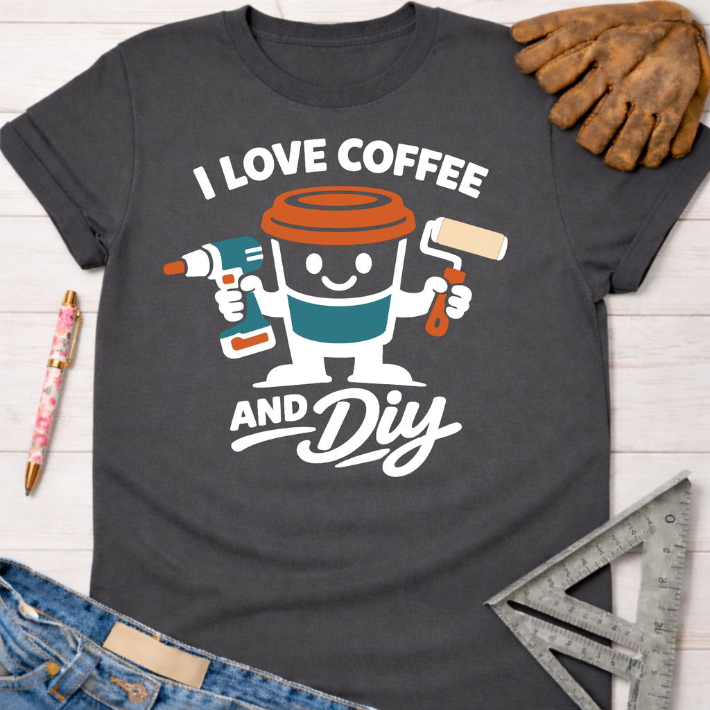 Women's funny woodworking graphic tee shirt for female woodworkers, makers, and DIY builders — Sawdust & Ponytails. Dark gray short-sleeve t-shirt with "I Love Coffee and DIY" graphic featuring a coffee cup holding a drill and paint roller.