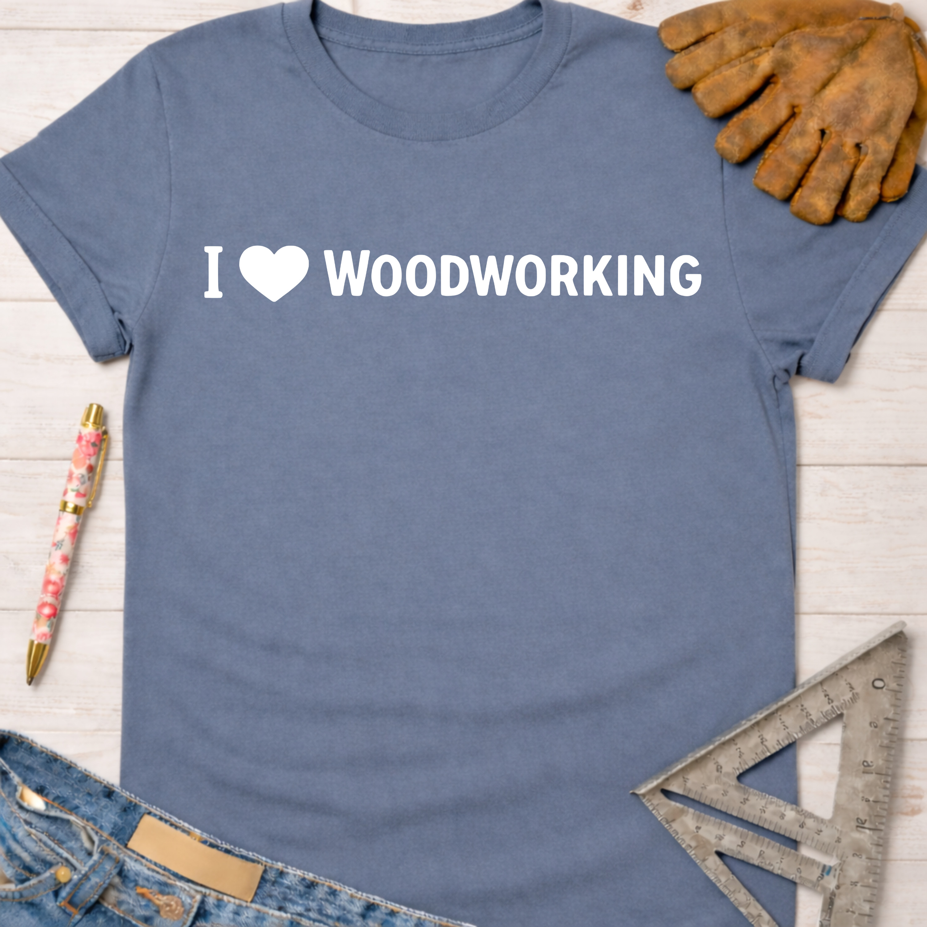 Women's funny woodworking graphic tee shirt for female woodworkers, makers, and DIY builders — Sawdust & Ponytails. Blue cotton tee with "I ❤️ WOODWORKING" in white.