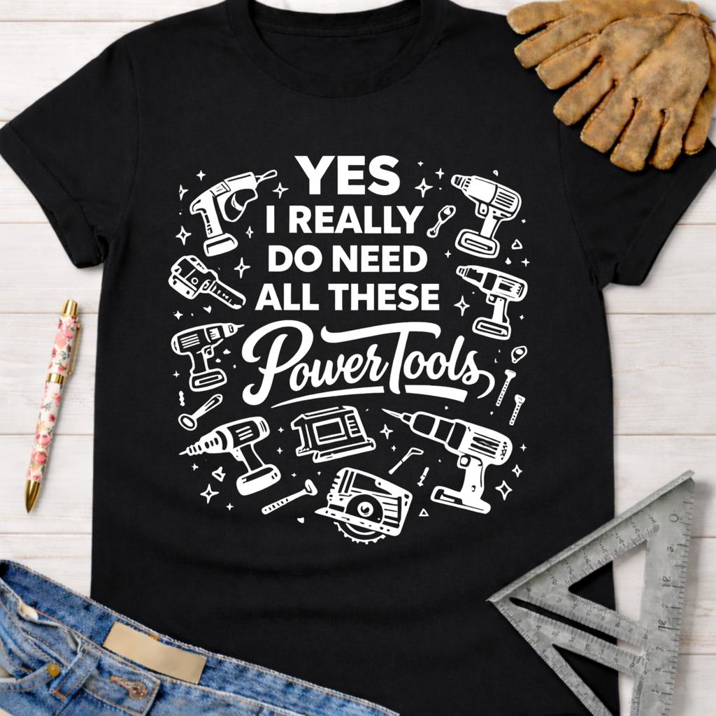 Women's funny woodworking graphic tee shirt for female woodworkers, makers, and DIY builders — Sawdust & Ponytails. Black cotton tee with "YES I REALLY DO NEED ALL THESE Power Tools" graphic.