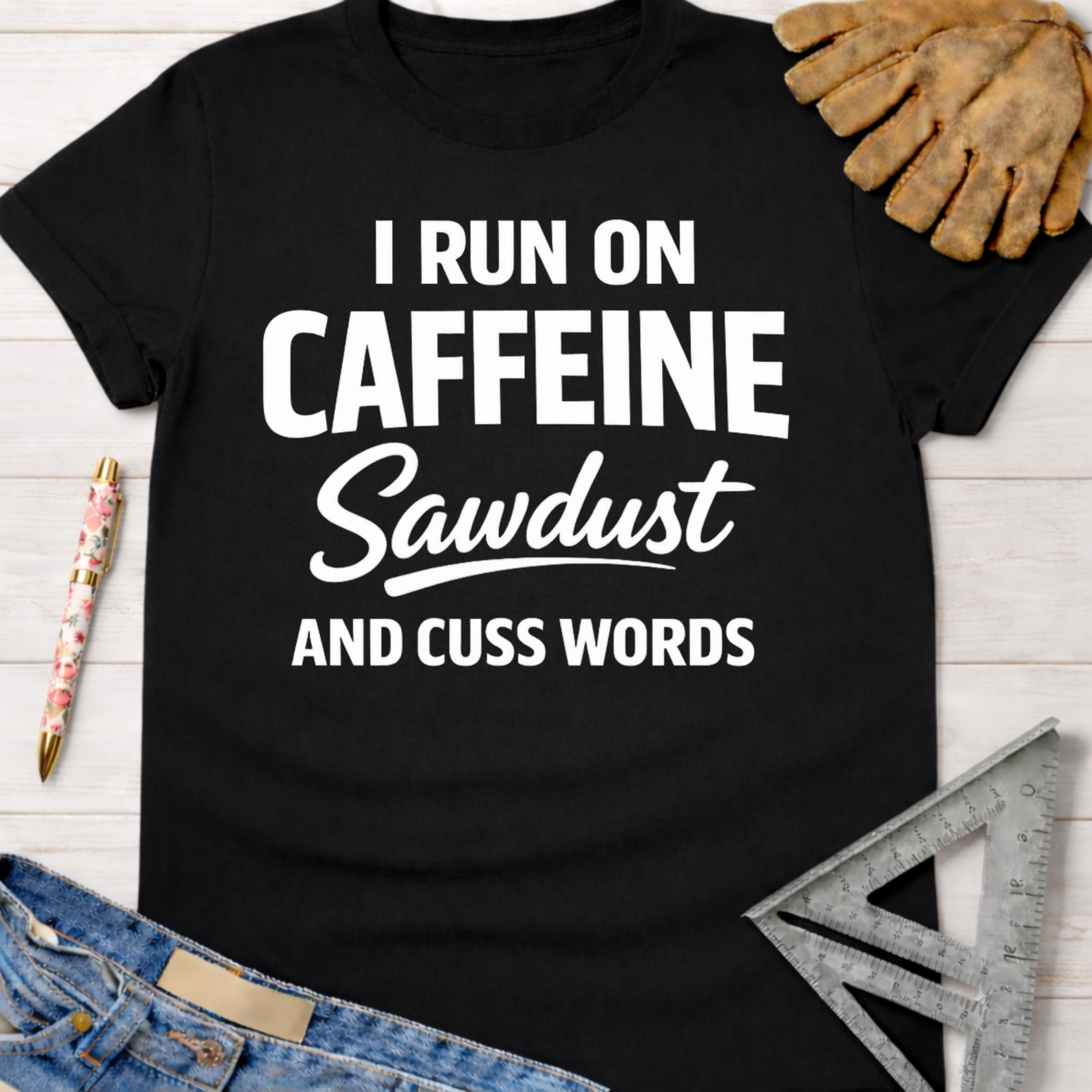 Women's black cotton "I Run On Caffeine Sawdust And Cuss Words" graphic tee, with work glove and jeans.