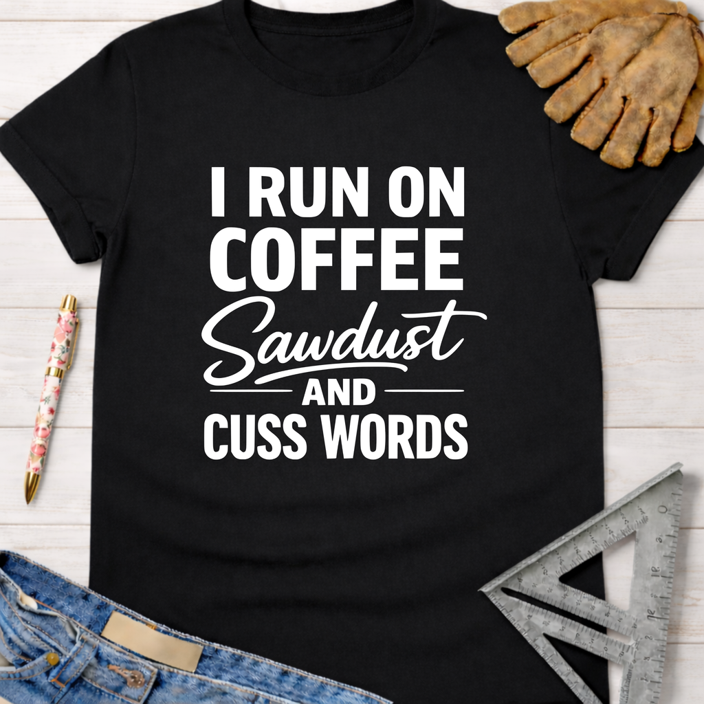Women's funny woodworking graphic tee shirt for female woodworkers, makers, and DIY builders — Sawdust & Ponytails. Black cotton tee with "I Run On Coffee Sawdust And Cuss Words" in white text.