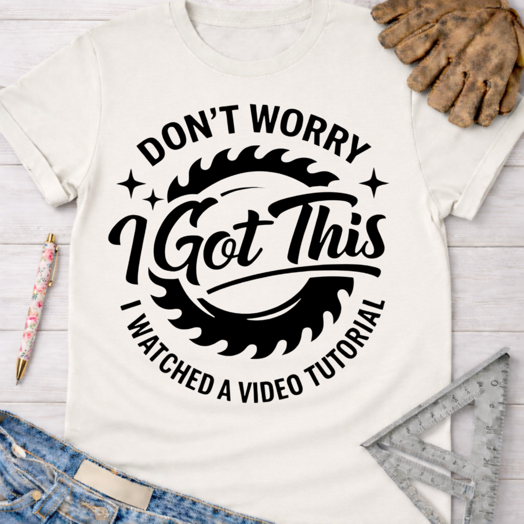 Women's funny woodworking graphic tee shirt for female woodworkers, makers, and DIY builders — Sawdust & Ponytails. White cotton tee with "Don't Worry I Got This I Watched a Video Tutorial" text.
