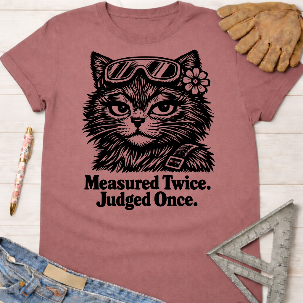Mauve Judgy Gato t-shirt with a cat wearing goggles and flower, "Measured Twice. Judged Once." text. Women's funny woodworking graphic tee shirt for female woodworkers, makers, and DIY builders — Sawdust & Ponytails
