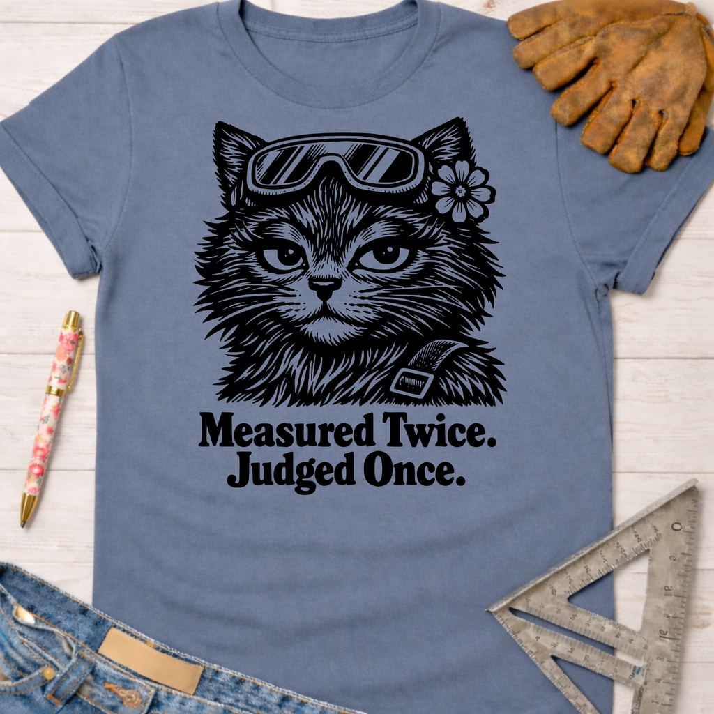 Blue Judgy Gato t-shirt with a cat in goggles and flower, "Measured Twice. Judged Once." text. Women's funny woodworking graphic tee shirt for female woodworkers, makers, and DIY builders — Sawdust & Ponytails