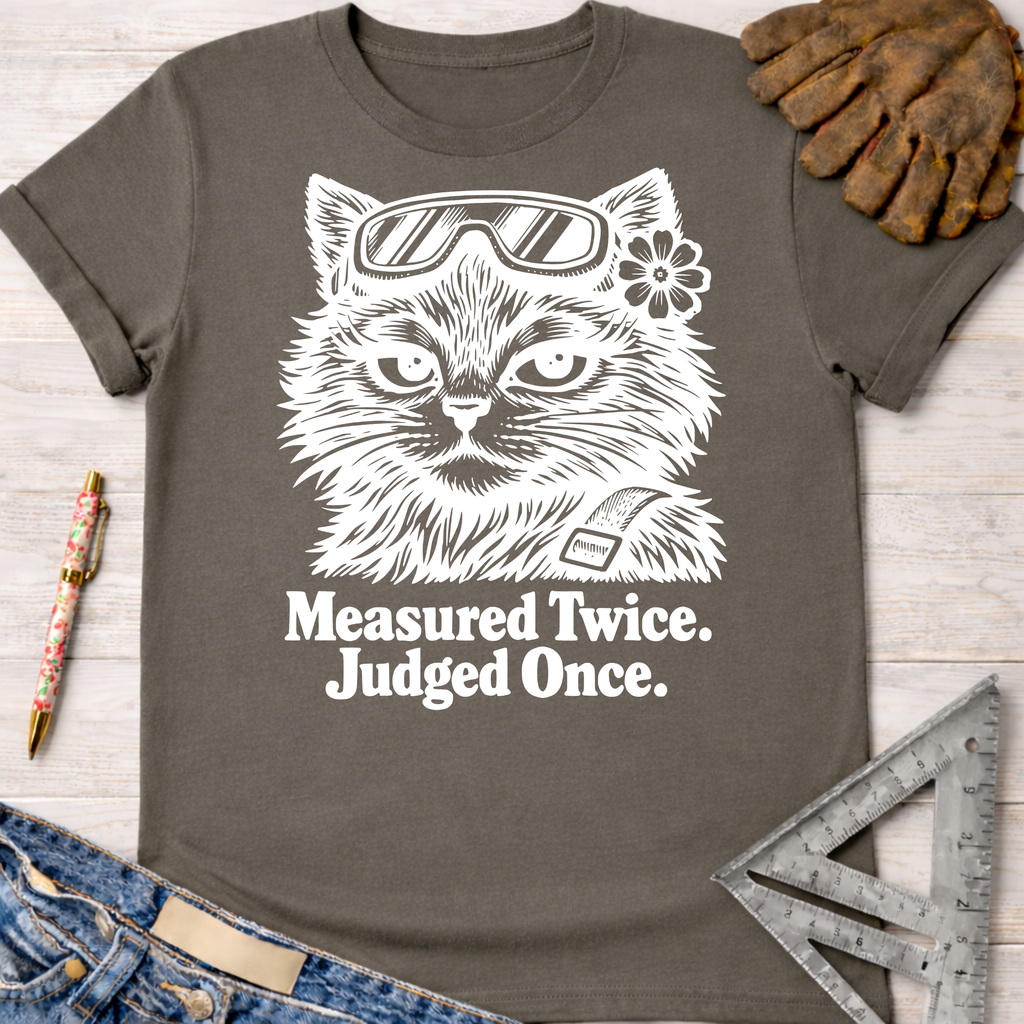 Women's funny woodworking graphic tee shirt for female woodworkers, makers, and DIY builders — Sawdust & Ponytails. Dark gray t-shirt with a white graphic of a cat wearing goggles and a flower, text "Measured Twice. Judged Once.