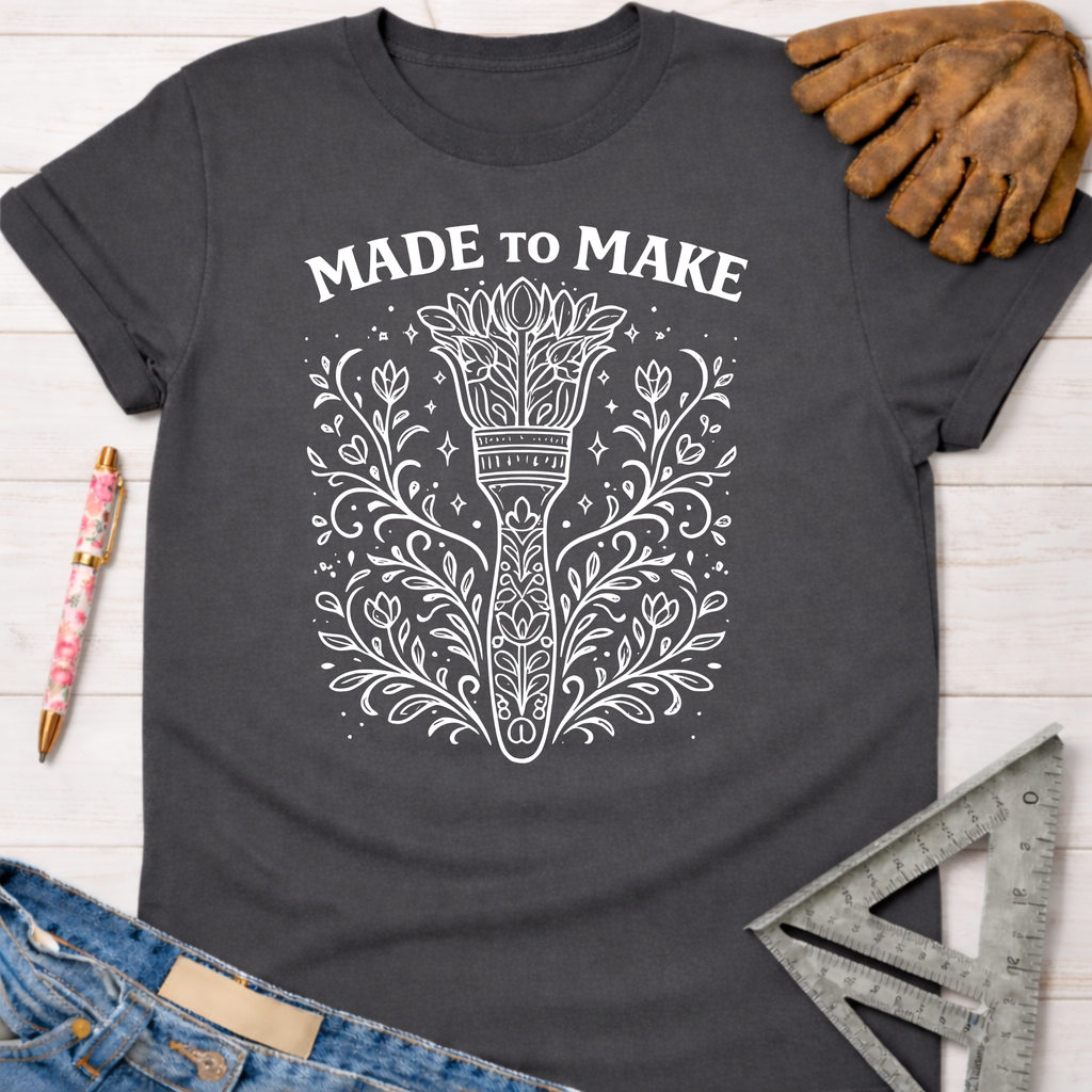 Women's funny woodworking graphic tee shirt for female woodworkers, makers, and DIY builders — Sawdust & Ponytails. Dark gray cotton tee with "MADE TO MAKE" and a floral paintbrush design.