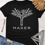 Black cotton Maker Floral Hammer T-Shirt with white graphic, women's funny woodworking graphic tee shirt for female woodworkers, makers, and DIY builders — Sawdust & Ponytails