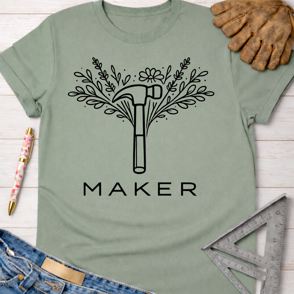 Women's funny woodworking graphic tee shirt for female woodworkers, makers, and DIY builders — Sawdust & Ponytails. Sage green cotton t-shirt with a black floral hammer graphic and "MAKER" text.