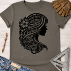 Women's funny woodworking graphic tee shirt for female woodworkers, makers, and DIY builders — Sawdust & Ponytails. Gray tee with black silhouette of a woman's head and hair filled with tools and text like "Measure Twice Cut Once.