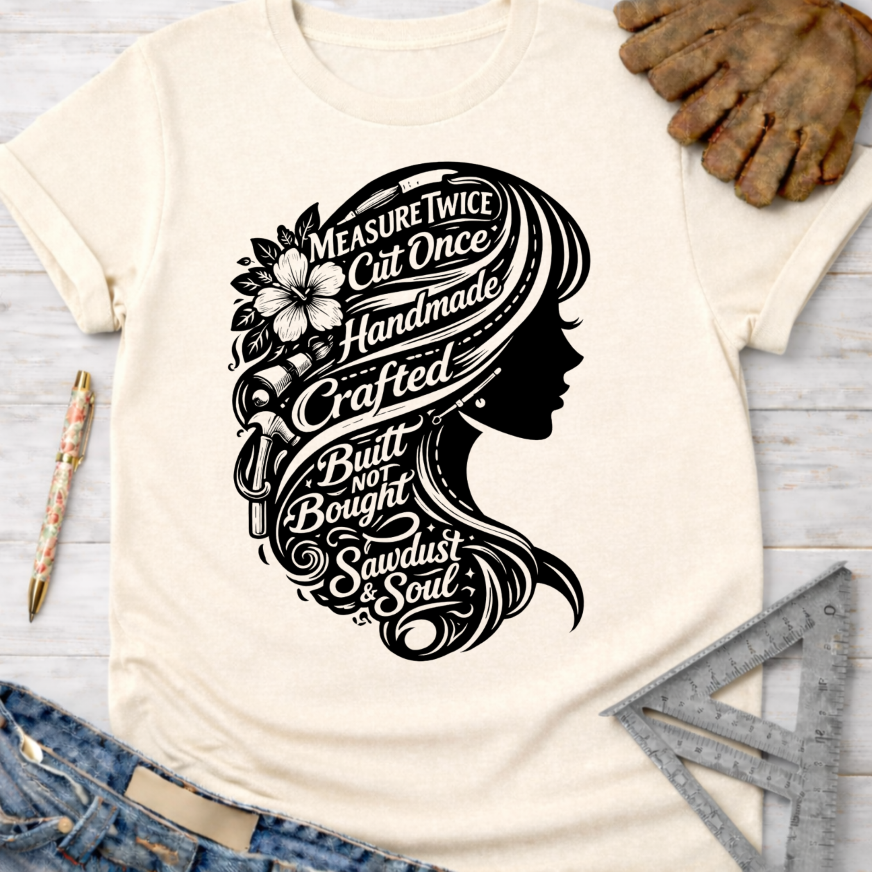 Women's funny woodworking graphic tee shirt for female woodworkers, makers, and DIY builders — Sawdust & Ponytails. Cream t-shirt with black silhouette of a woman's head and flowing hair filled with tools and text like "Measure Twice Cut Once.