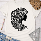 Women's funny woodworking graphic tee shirt for female woodworkers, makers, and DIY builders — Sawdust & Ponytails. White cotton t-shirt with black silhouette of a woman's head and flowing hair, featuring tools, flowers, and text like "Measure Twice Cut Once" and "Built Not Bought.