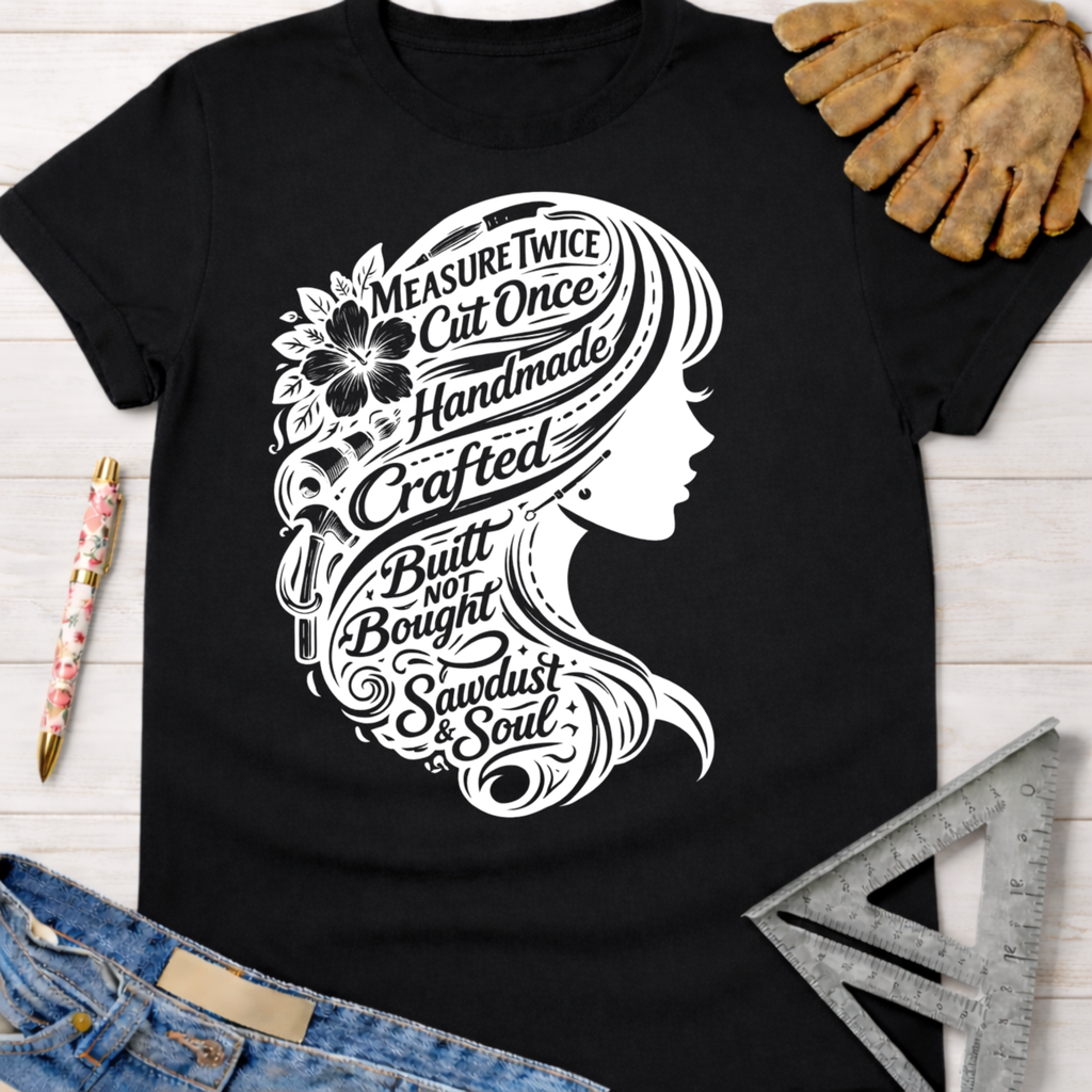 Women's funny woodworking graphic tee shirt for female woodworkers, makers, and DIY builders — Sawdust & Ponytails. Black cotton tee with white graphic of a woman's profile, hair filled with tools and text: "Measure Twice Cut Once Handmade Crafted Built Not Bought Sawdust & Soul.