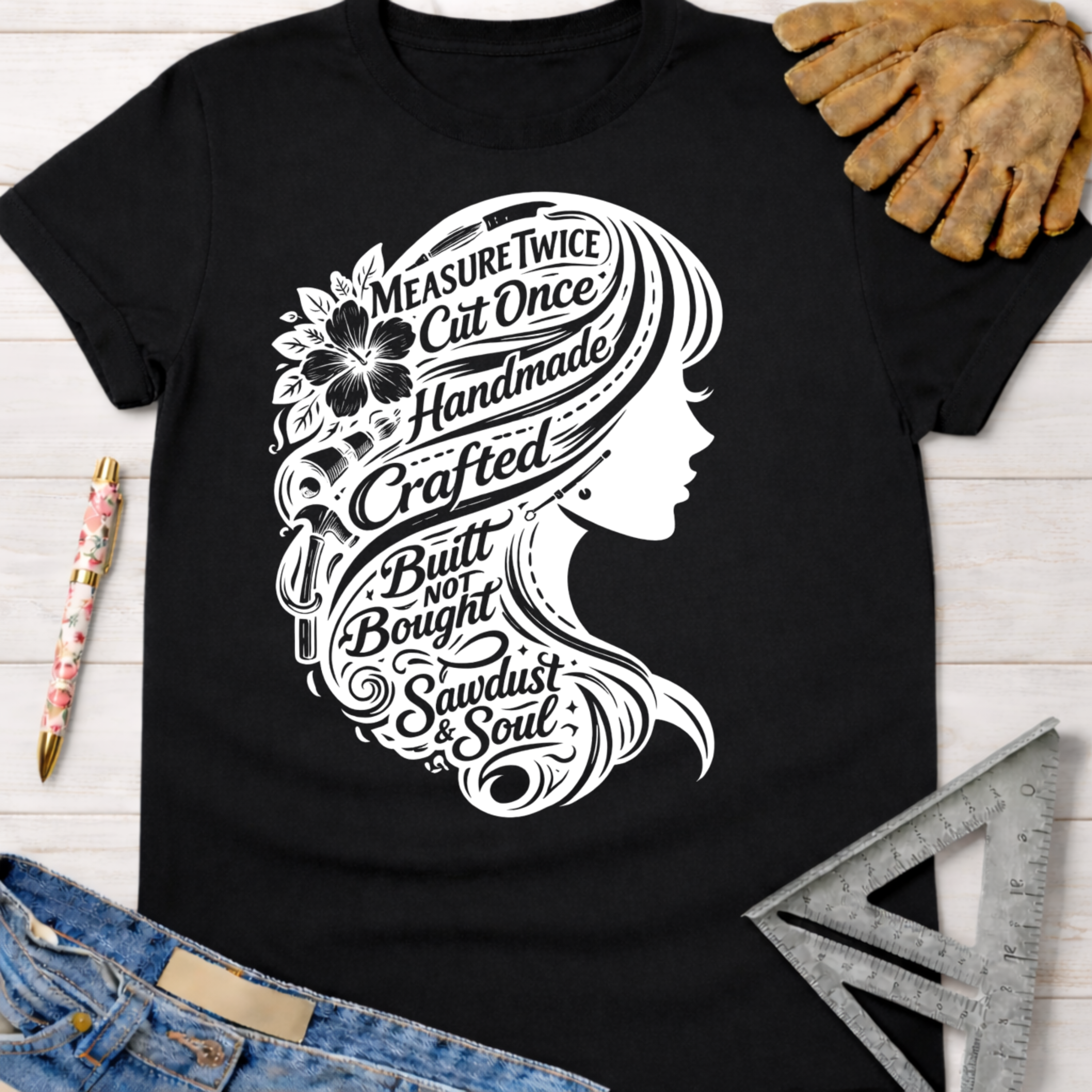 Women's funny woodworking graphic tee shirt for female woodworkers, makers, and DIY builders — Sawdust & Ponytails. Black cotton tee with white graphic of a woman's profile, hair filled with tools and text: "Measure Twice Cut Once Handmade Crafted Built Not Bought Sawdust & Soul.