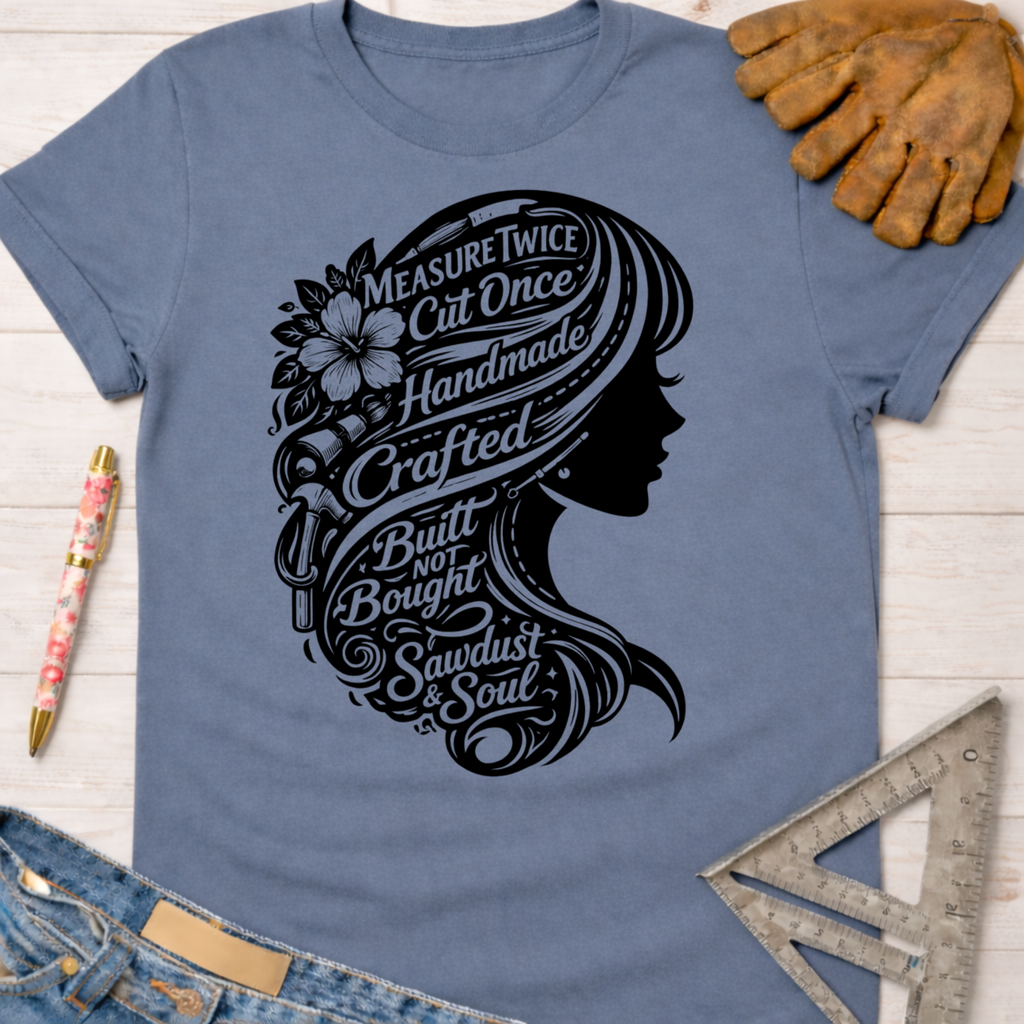 Women's funny woodworking graphic tee shirt for female woodworkers, makers, and DIY builders — Sawdust & Ponytails.