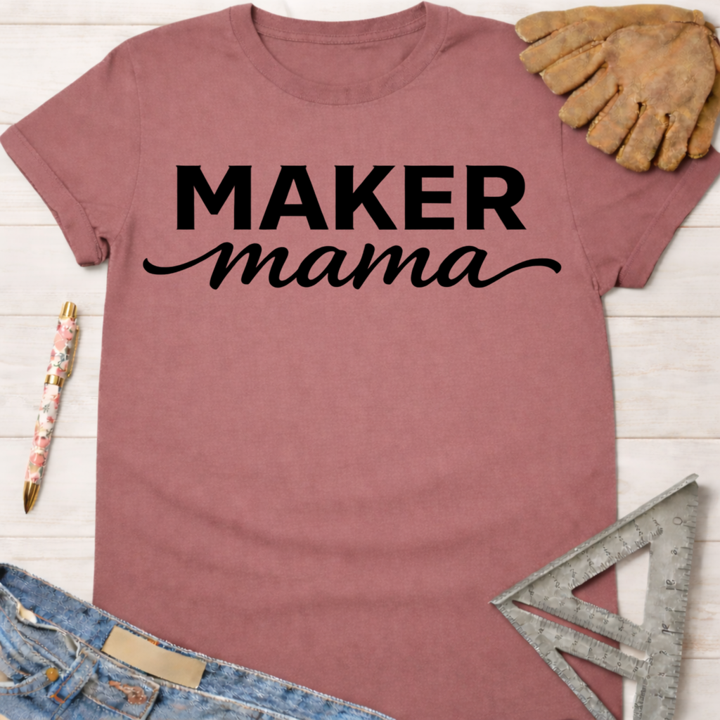 Women's funny woodworking graphic tee shirt for female woodworkers, makers, and DIY builders — Sawdust & Ponytails. Mauve cotton t-shirt with "MAKER mama" in black script, next to work glove, pen, and ruler.