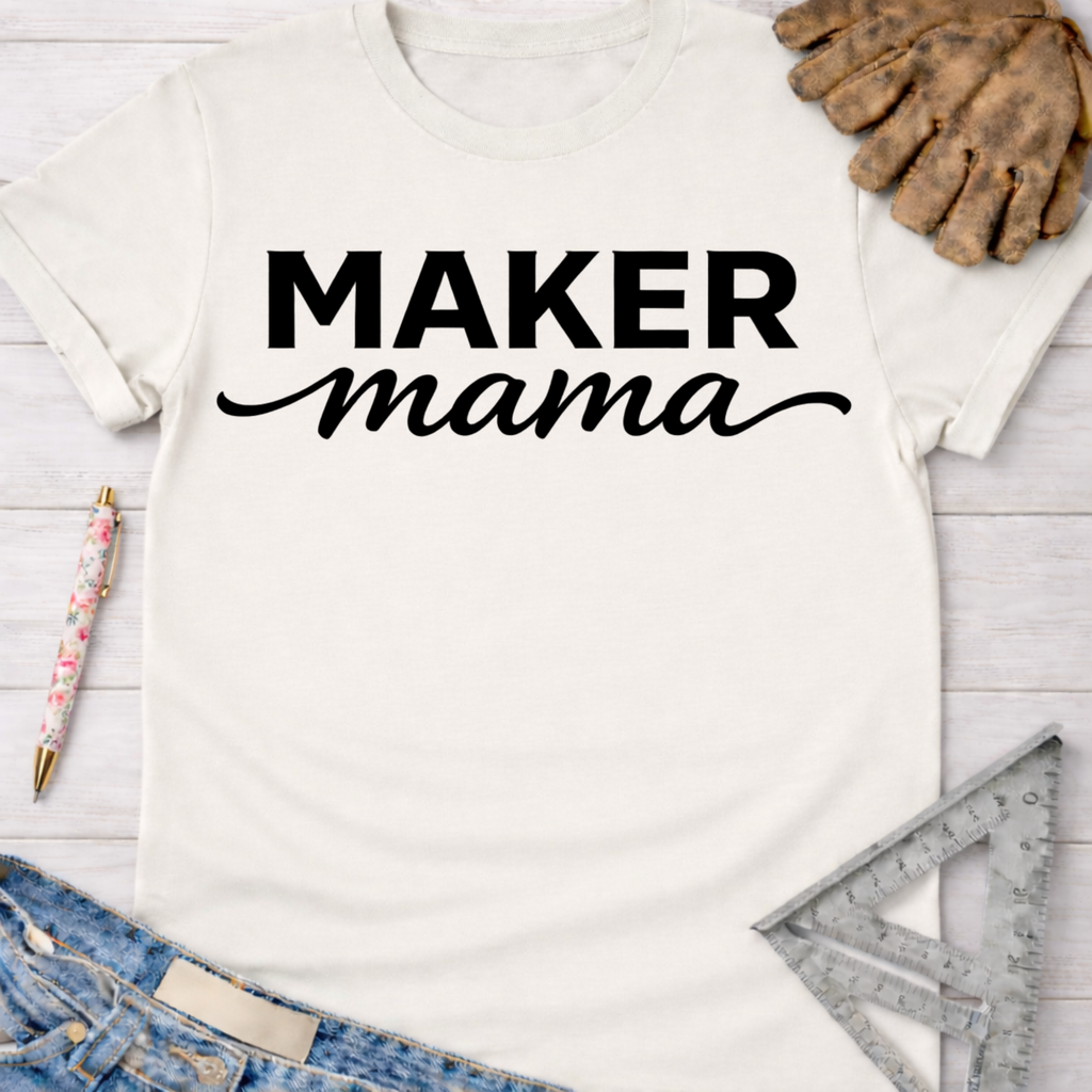 Women's funny woodworking graphic tee shirt for female woodworkers, makers, and DIY builders — Sawdust & Ponytails. Cream "Maker Mama" t-shirt with black script, jeans, work glove, and ruler.