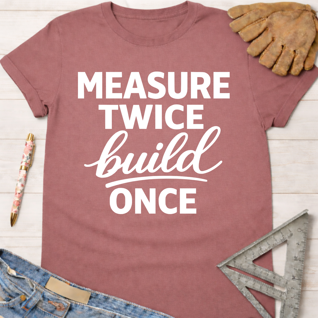 Women's funny woodworking graphic tee shirt for female woodworkers, makers, and DIY builders — Sawdust & Ponytails. Mauve t-shirt with "Measure Twice Build Once" in white text.