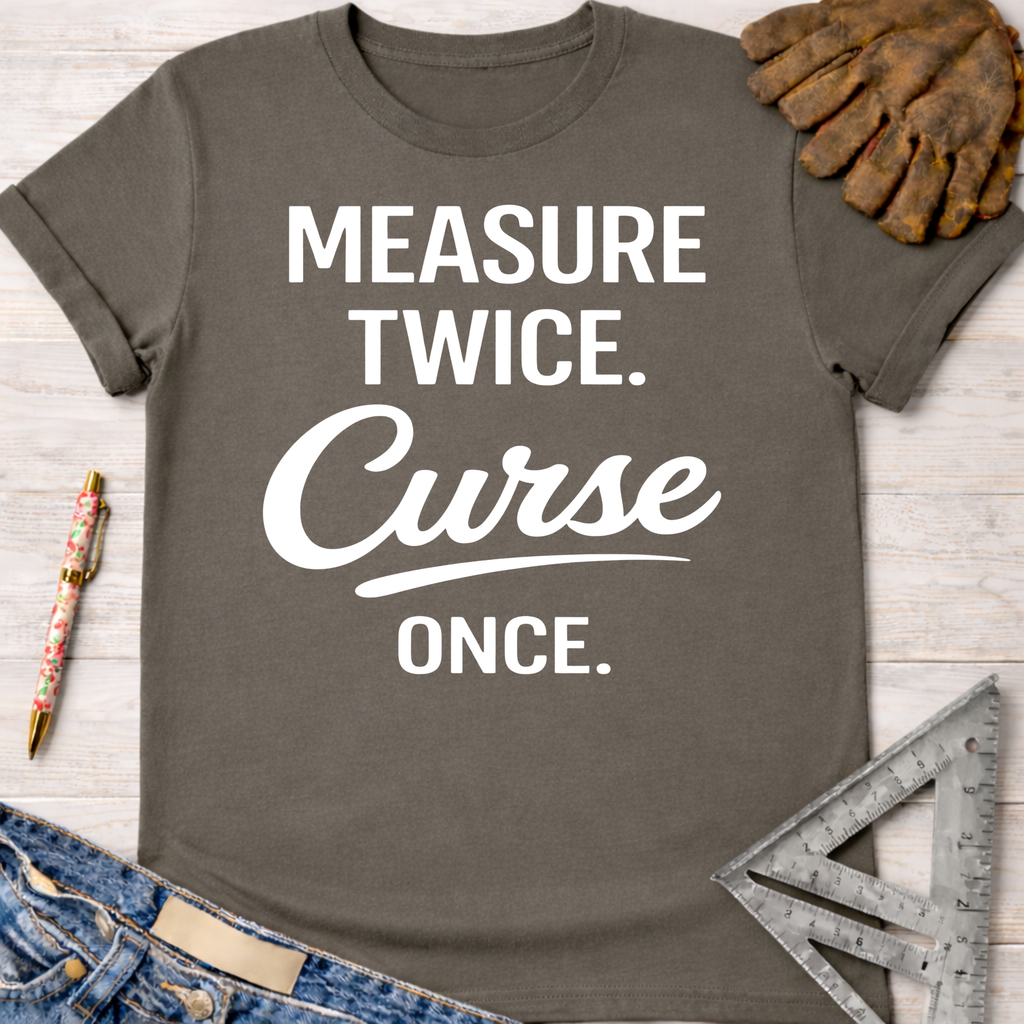 Women's funny woodworking graphic tee shirt for female woodworkers, makers, and DIY builders — Sawdust & Ponytails. Dark gray cotton t-shirt with "MEASURE TWICE. Curse ONCE." in white text.