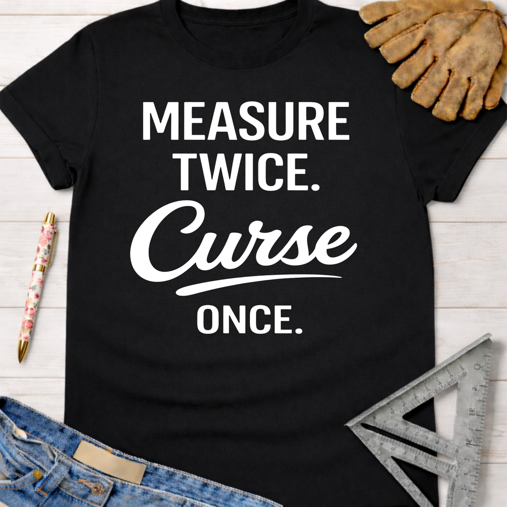 Black cotton t-shirt with "MEASURE TWICE. Curse ONCE." text. Women's funny woodworking graphic tee shirt for female woodworkers, makers, and DIY builders — Sawdust & Ponytails.