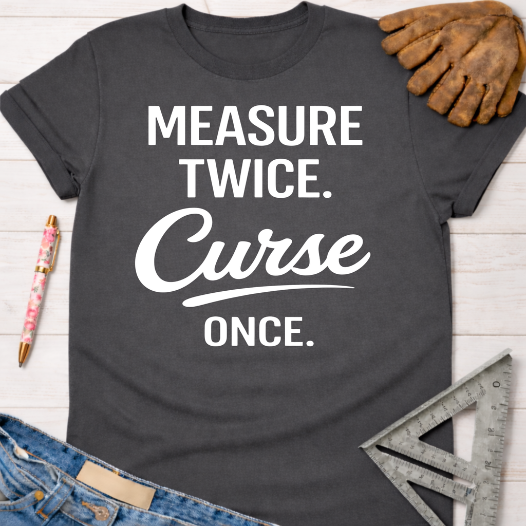 Women's funny woodworking graphic tee shirt for female woodworkers, makers, and DIY builders — Sawdust & Ponytails. Dark gray crewneck t-shirt with "MEASURE TWICE. Curse ONCE." in white text.