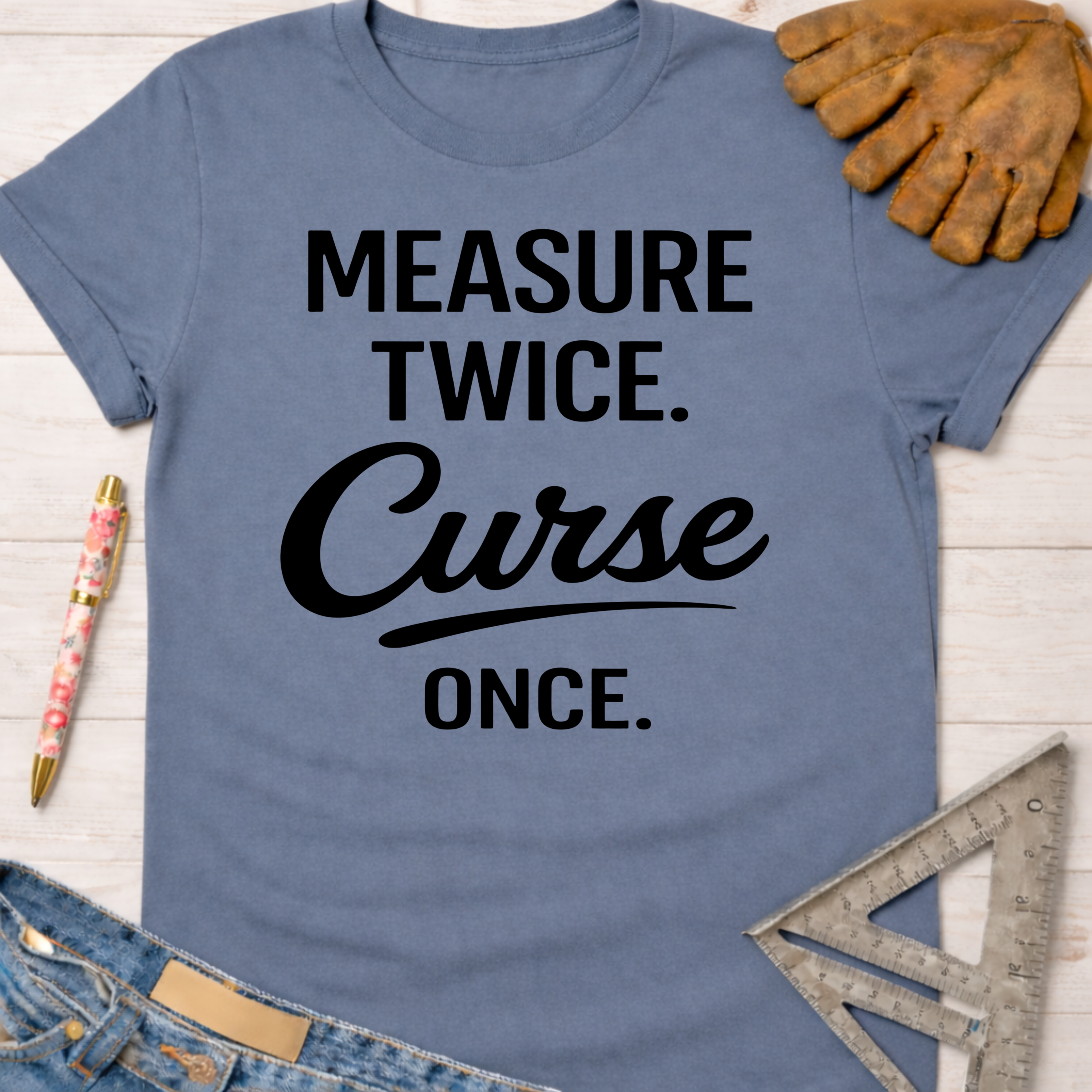 Women's funny woodworking graphic tee shirt for female woodworkers, makers, and DIY builders — Sawdust & Ponytails. Blue cotton t-shirt with "Measure Twice. Curse Once." text.