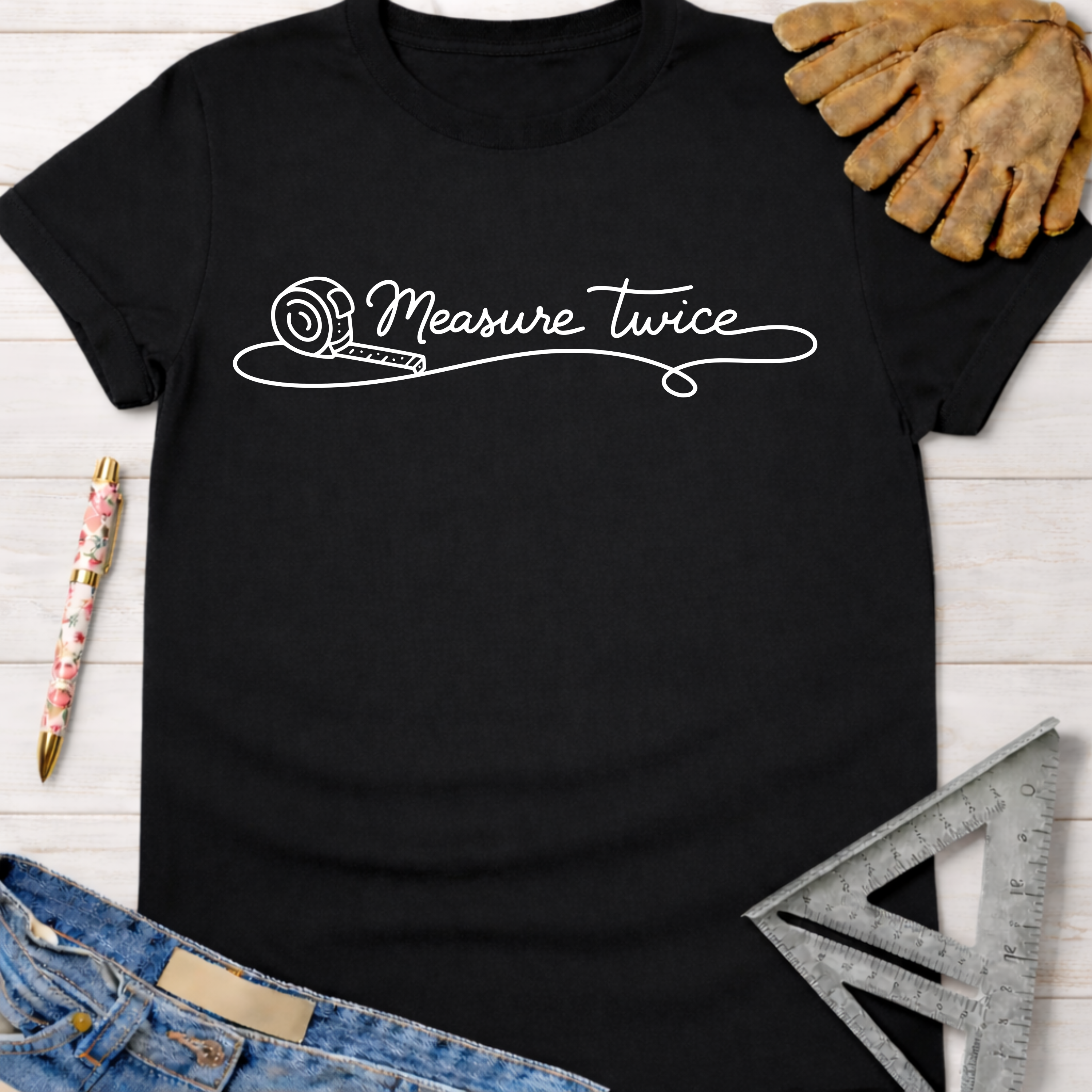 Black cotton women's funny woodworking graphic tee with "Measure Twice" text and tape measure design.