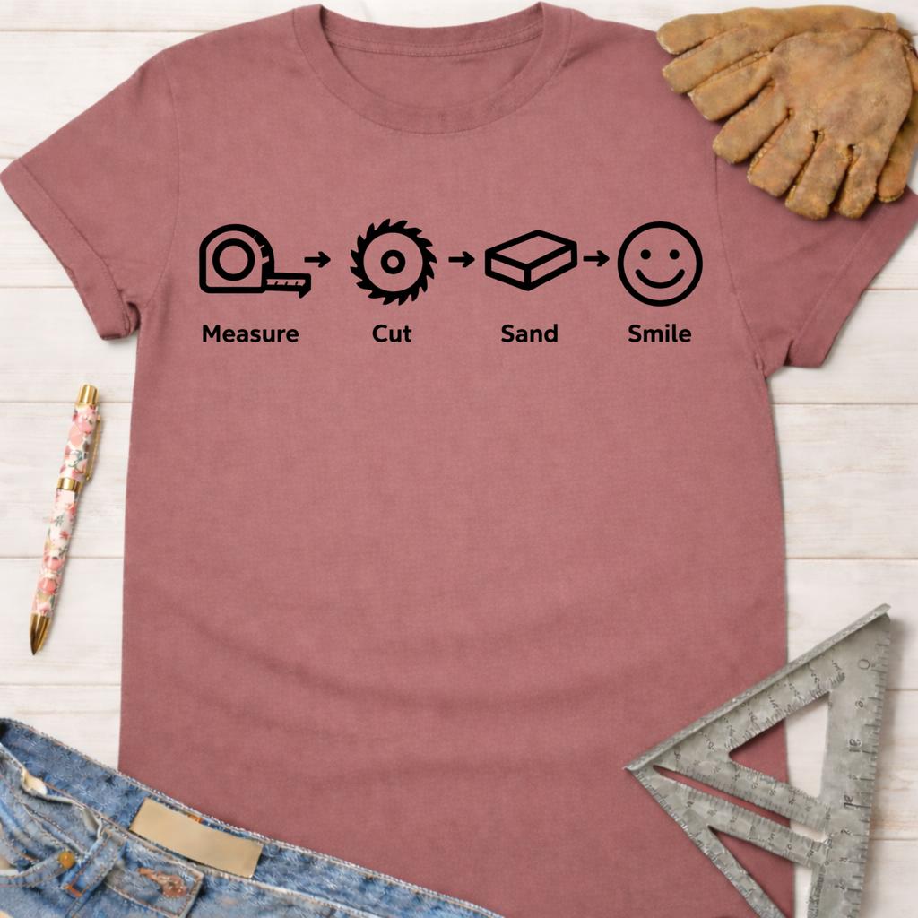 Women's funny woodworking graphic tee shirt for female woodworkers, makers, and DIY builders — Sawdust & Ponytails. Mauve cotton tee with "Measure. Cut. Sand. Smile." graphic.