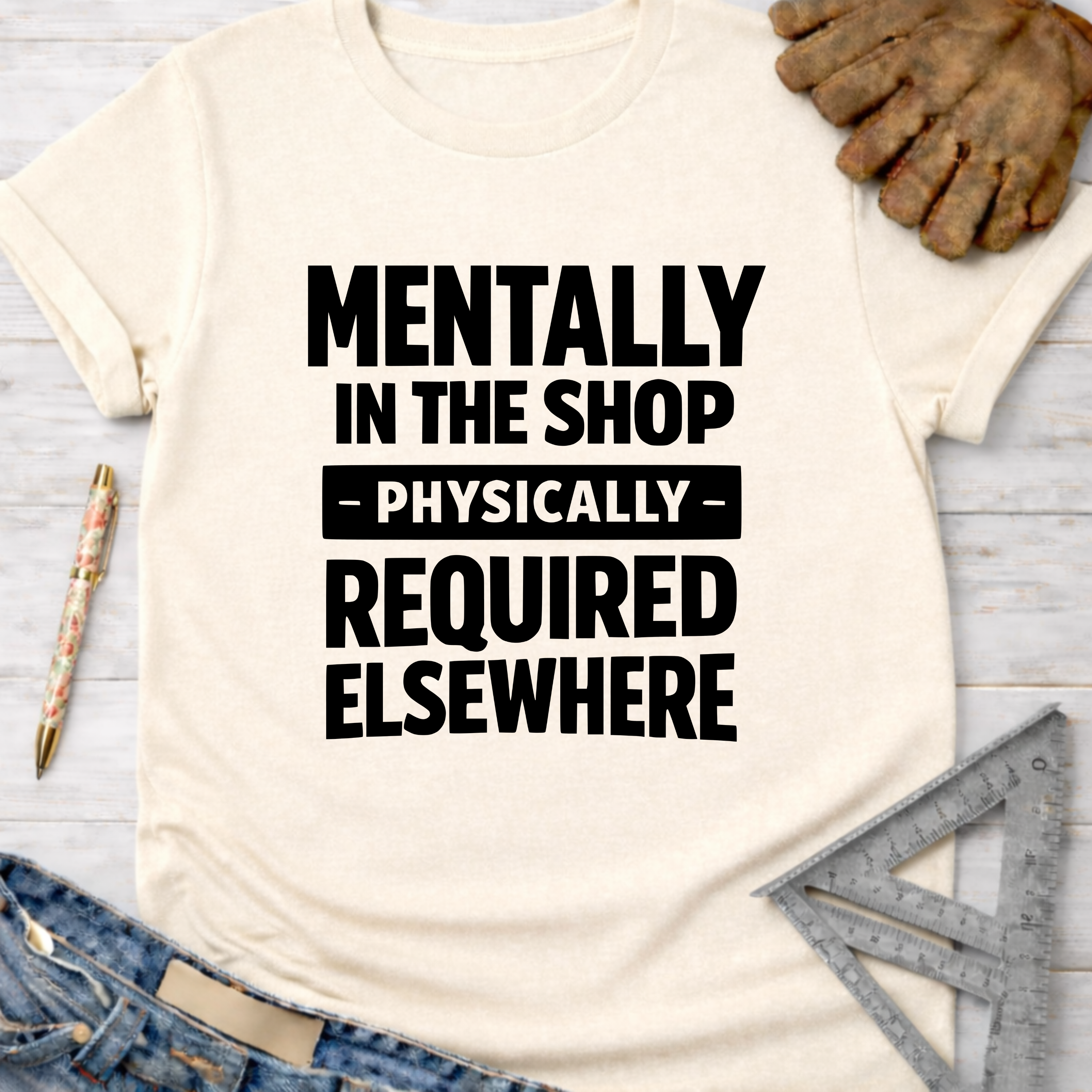 Women's funny woodworking graphic tee shirt for female woodworkers, makers, and DIY builders — Sawdust & Ponytails. Cream t-shirt with "Mentally In The Shop - Physically - Required Elsewhere" in black text.