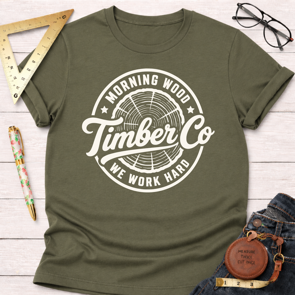 Olive green "Morning Wood Timber Co." t-shirt with a white circular logo featuring a tree stump graphic.